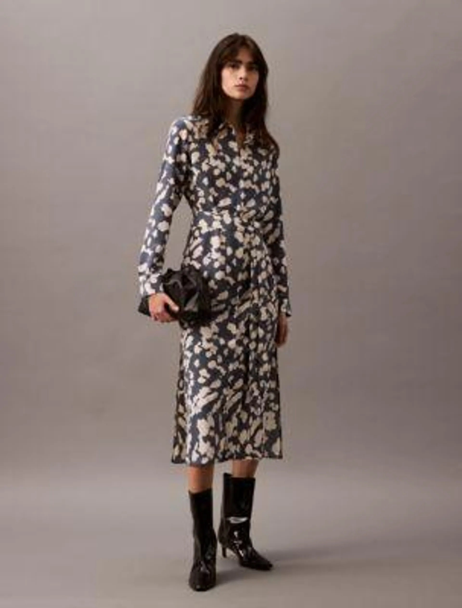 Flowing Print Midi Shirt Dress