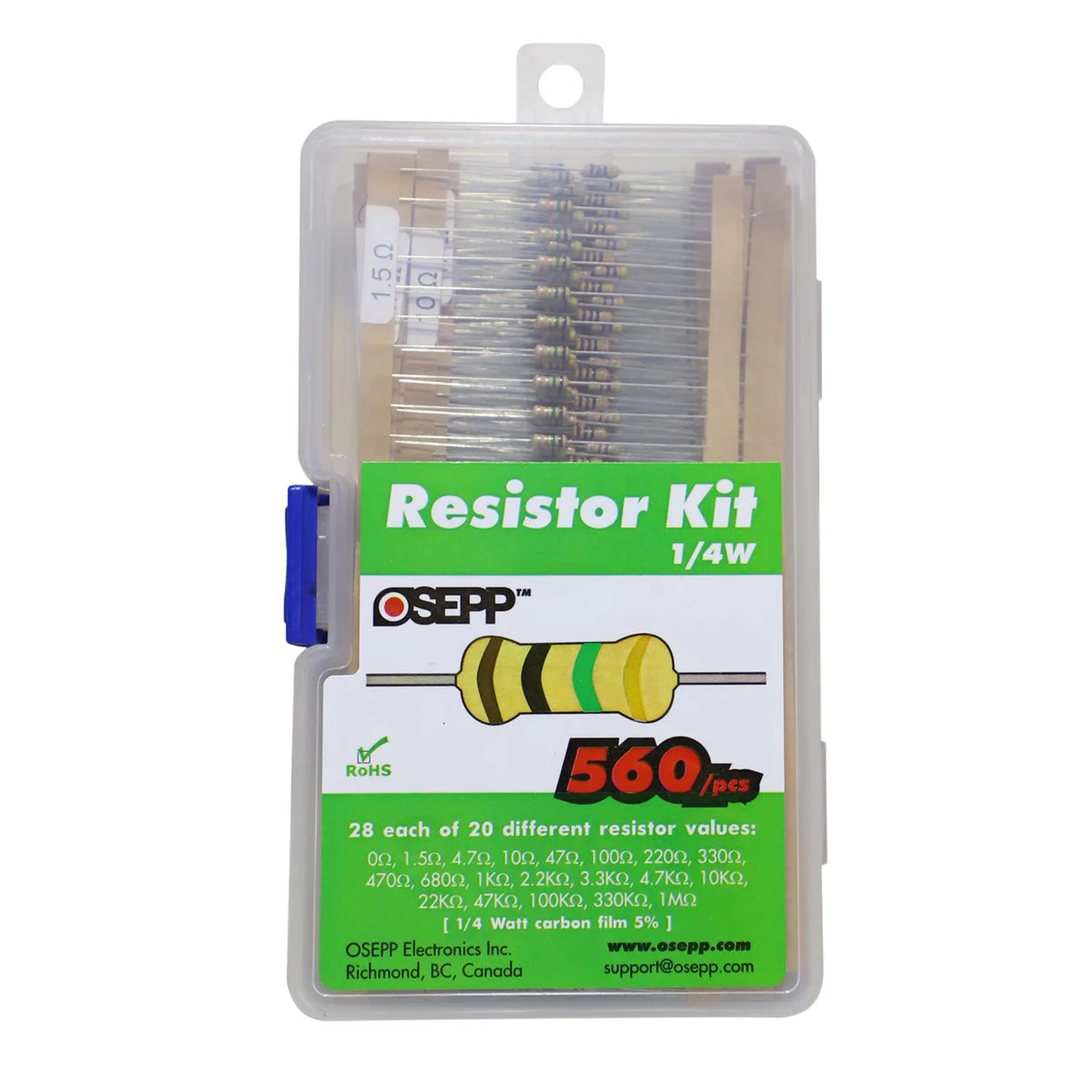 OSEPP ¼W Carbon-Film Resistor Assortment Kit (560-Pack)