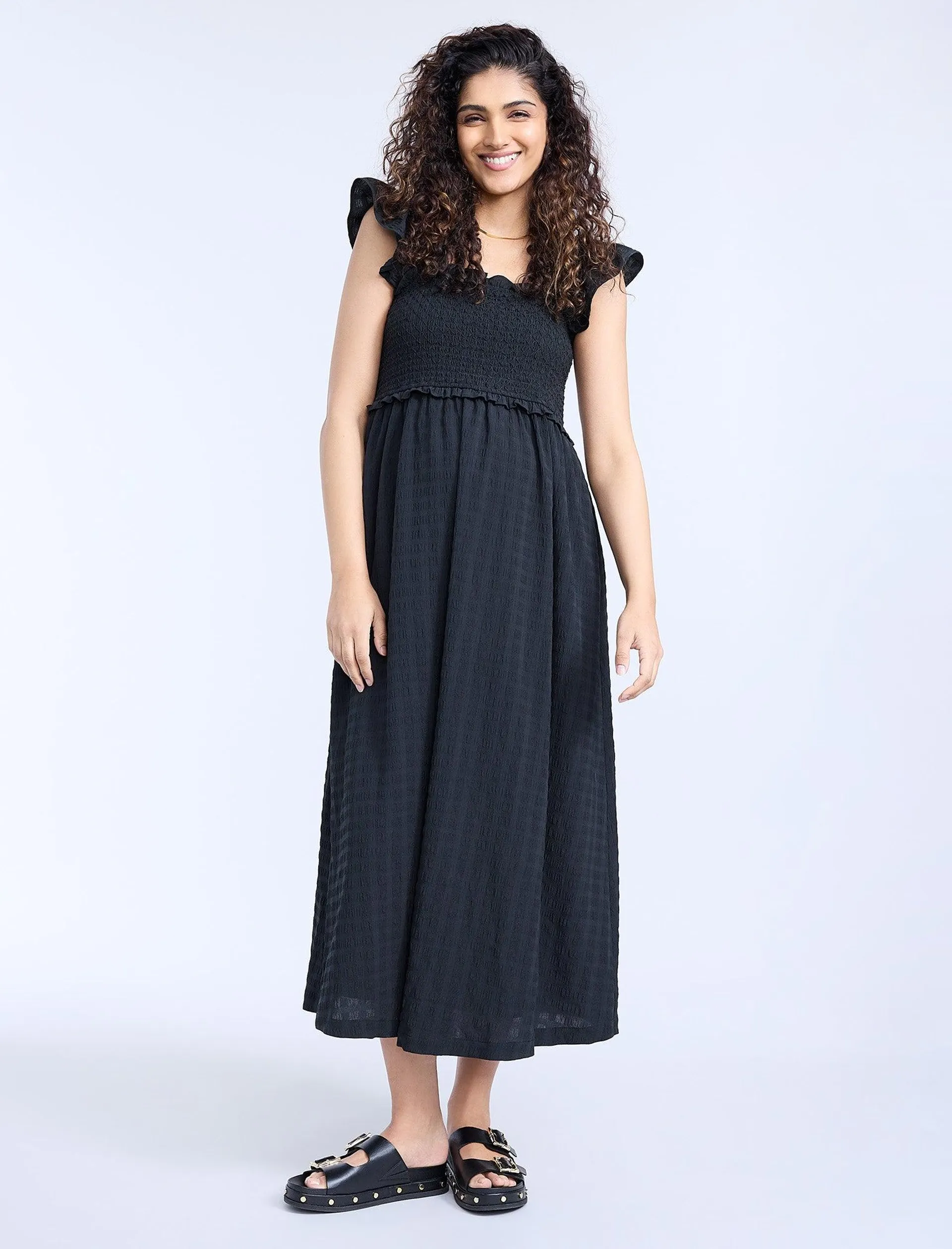 Sleeveless Ruffle Shoulder Smocked Dress