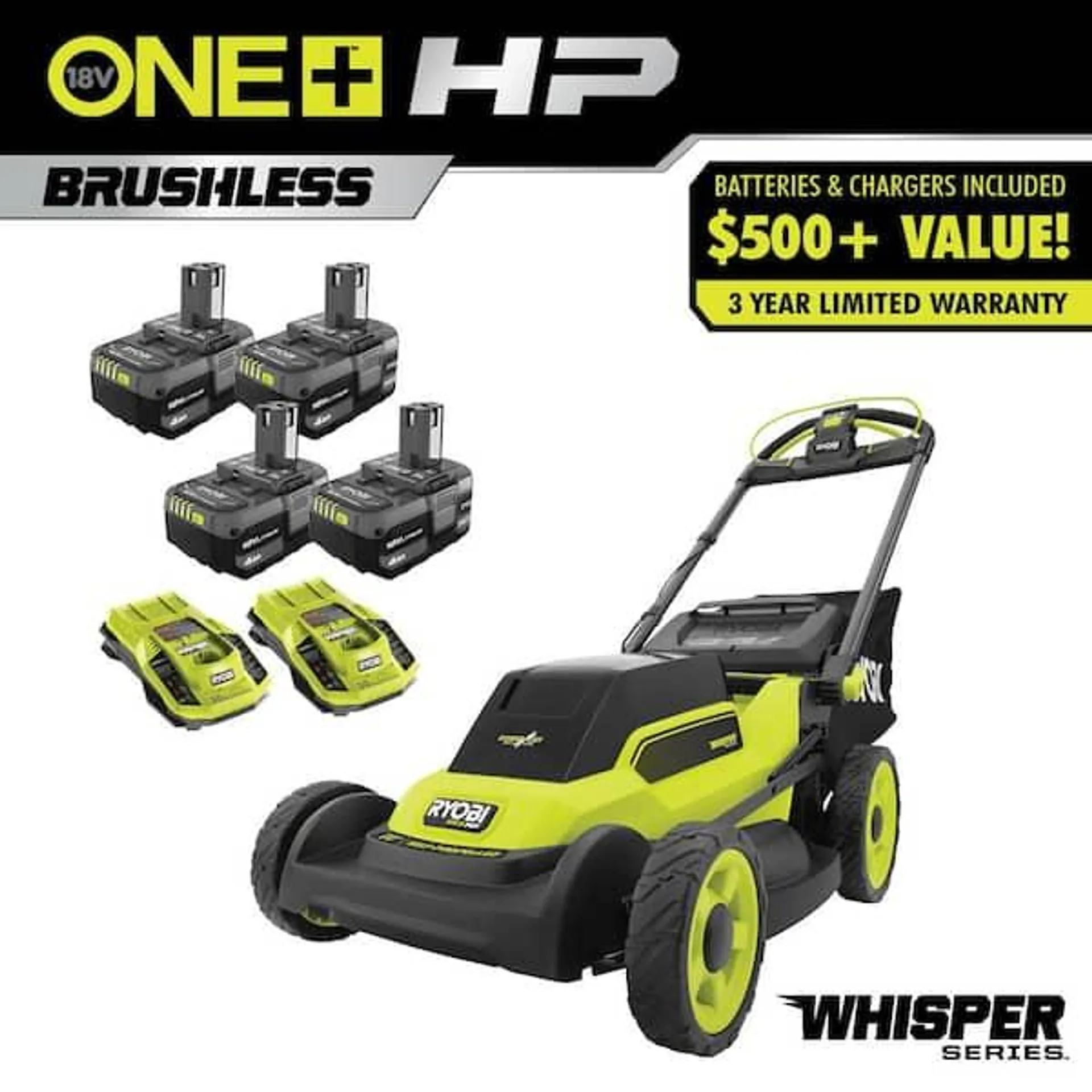 ONE+ 18V HP Brushless Whisper Series 20" Self-Propelled Multi-Blade Walk Behind Mower - (4) 4.0 Batteries & (2) Chargers