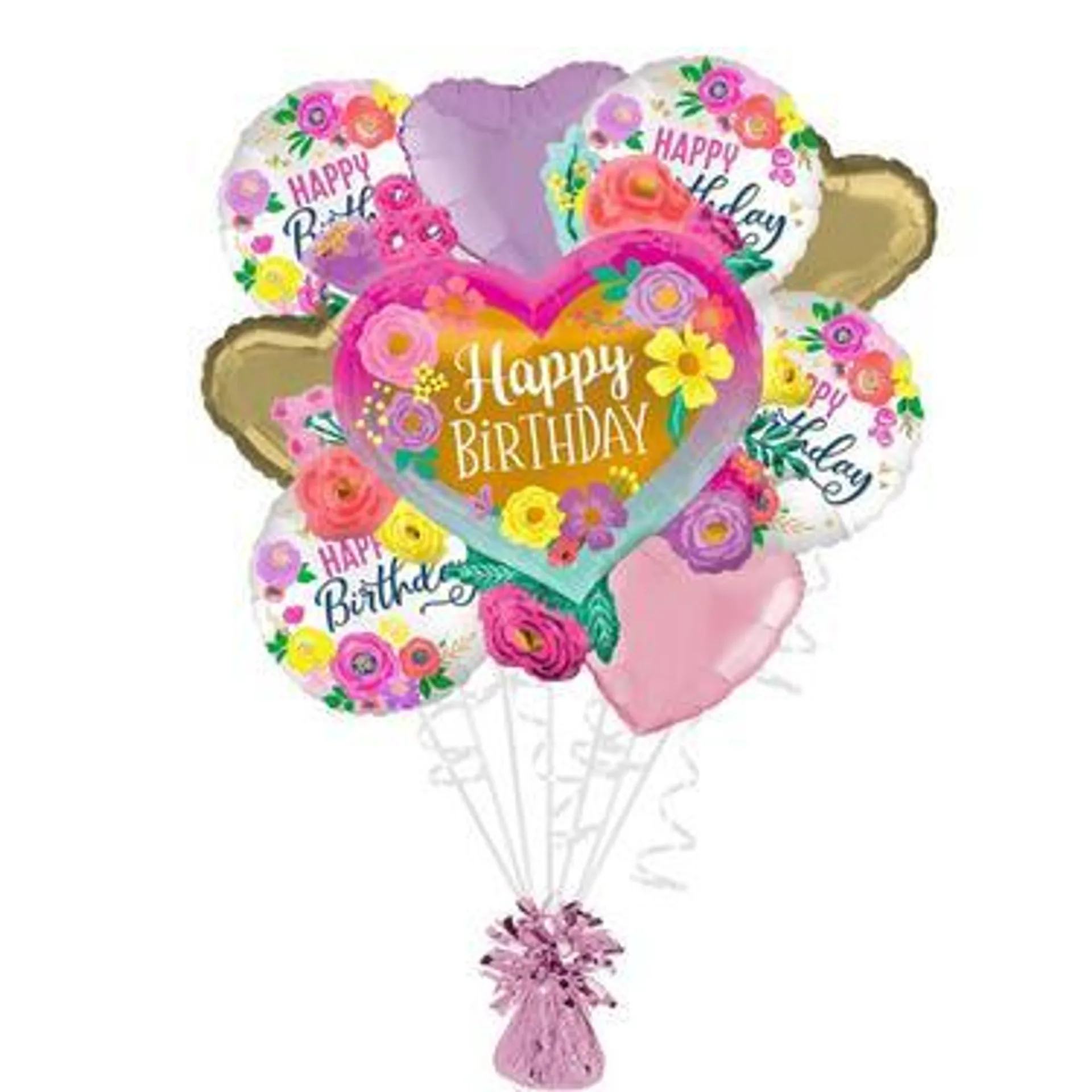 Painted Flowers Birthday Foil Balloon Bouquet with Balloon Weight, 10pc