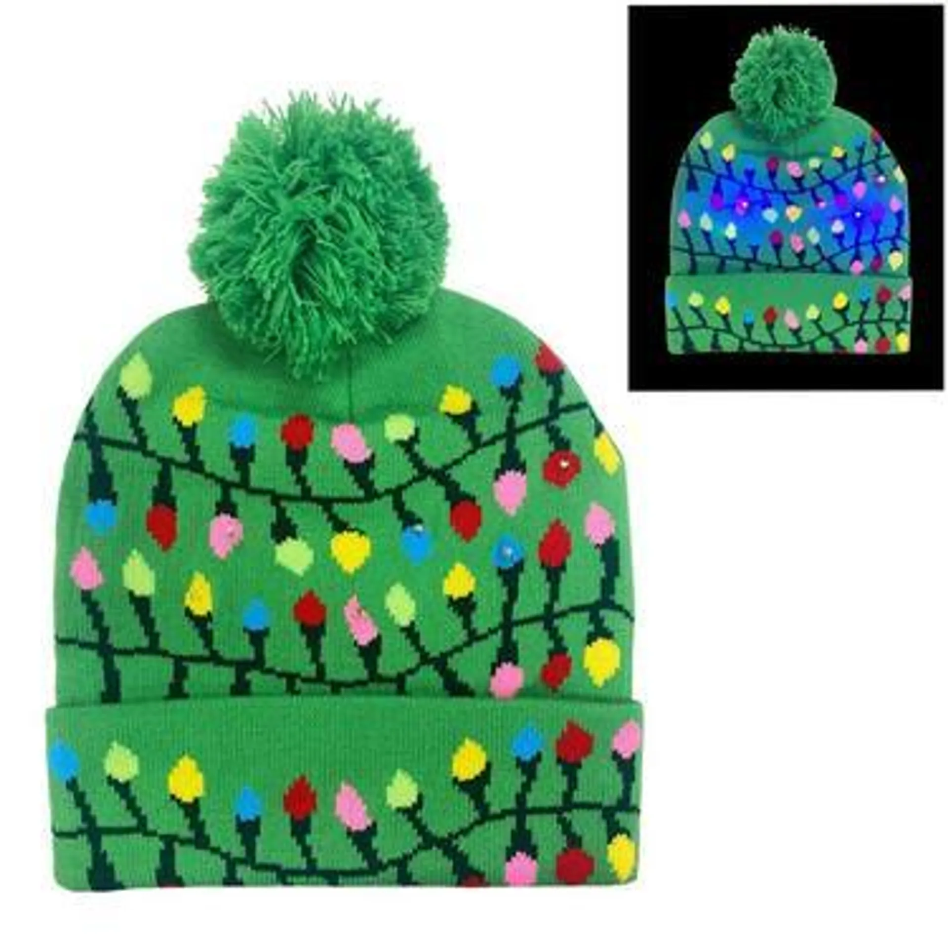 Light-Up Christmas String Lights Pom-Pom Beanie