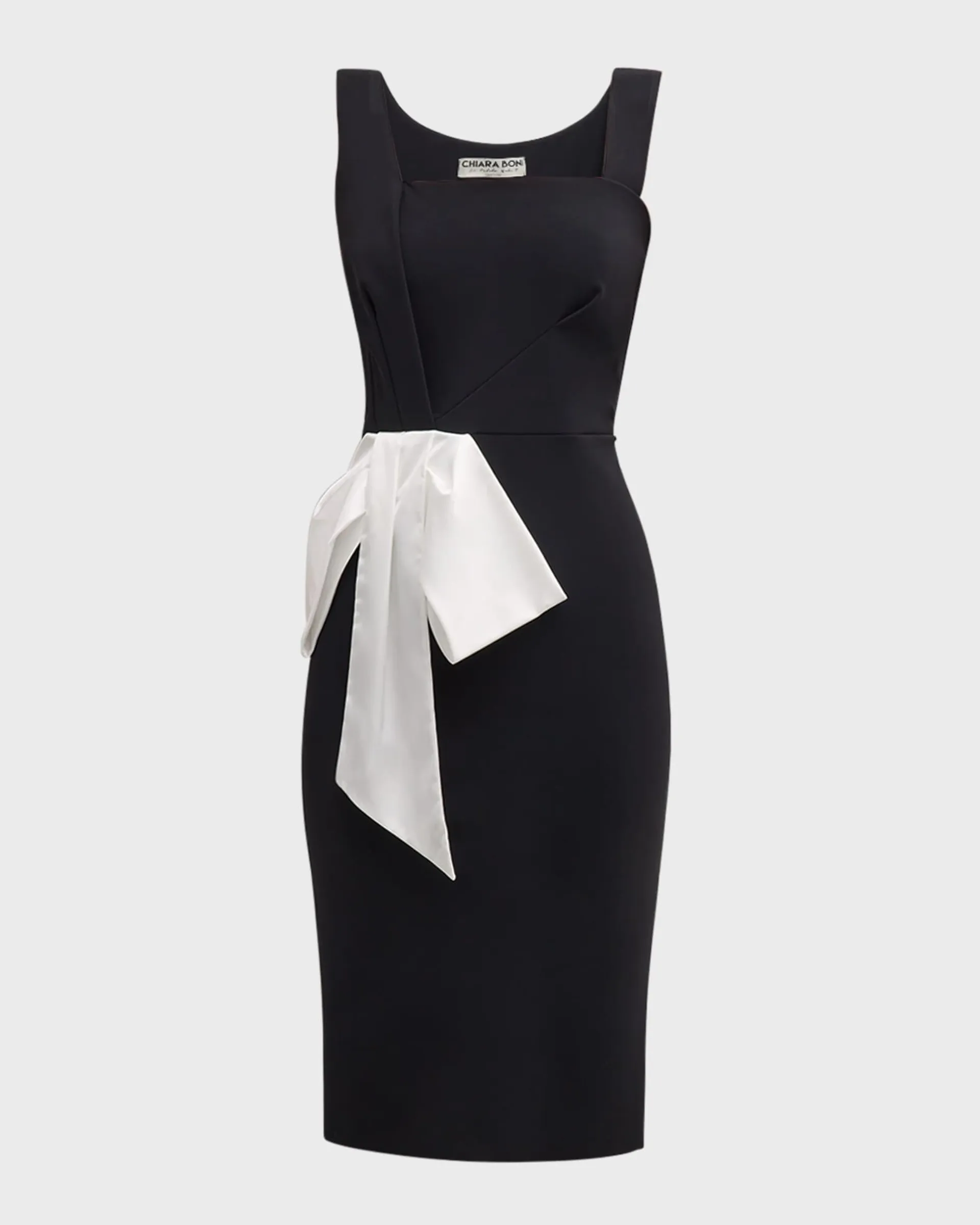 Pleated Square-Neck Bodycon Bow Midi Dress