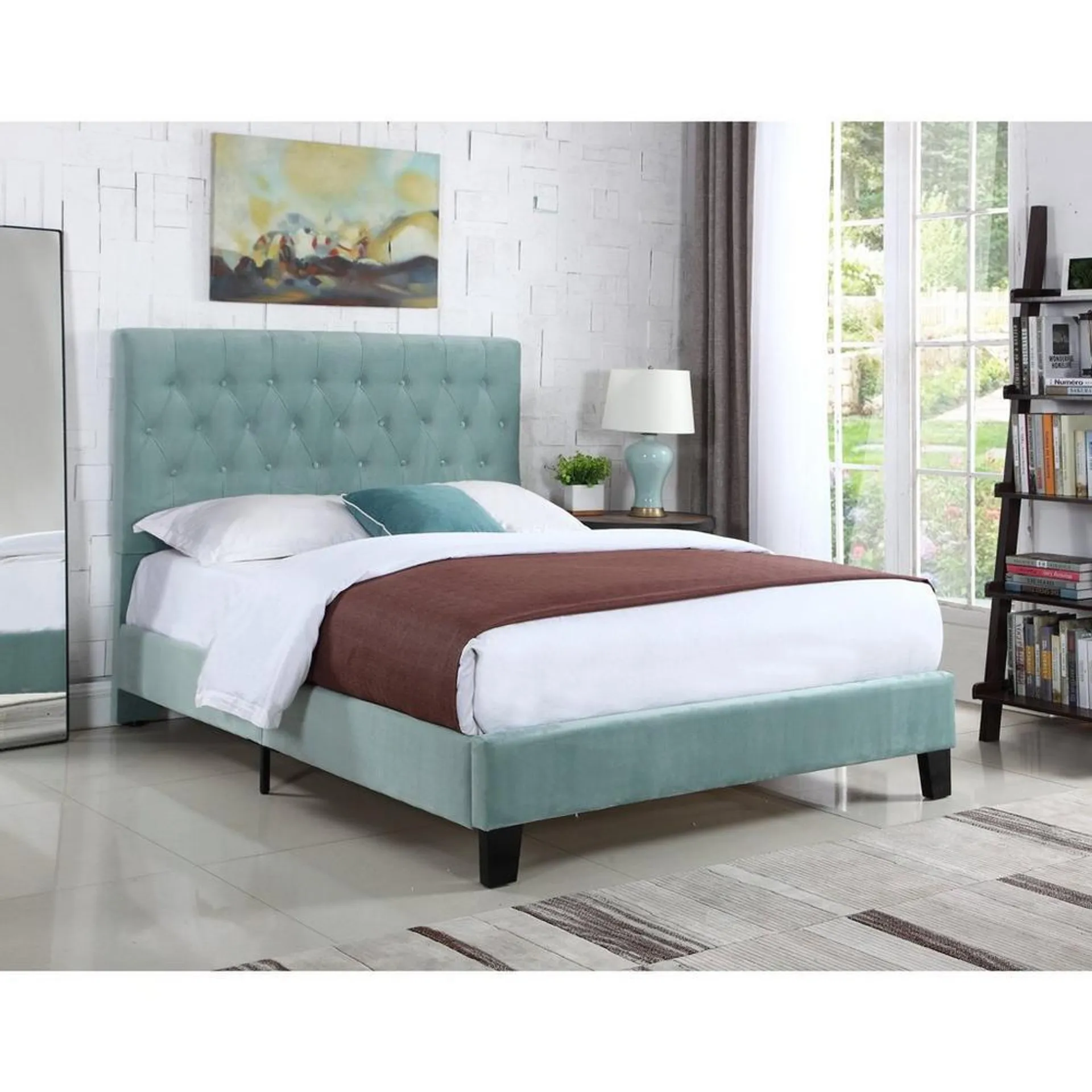 Amelia Queen Upholstered Bed w/ 12" Plush Pillow Top Mattress & Protector