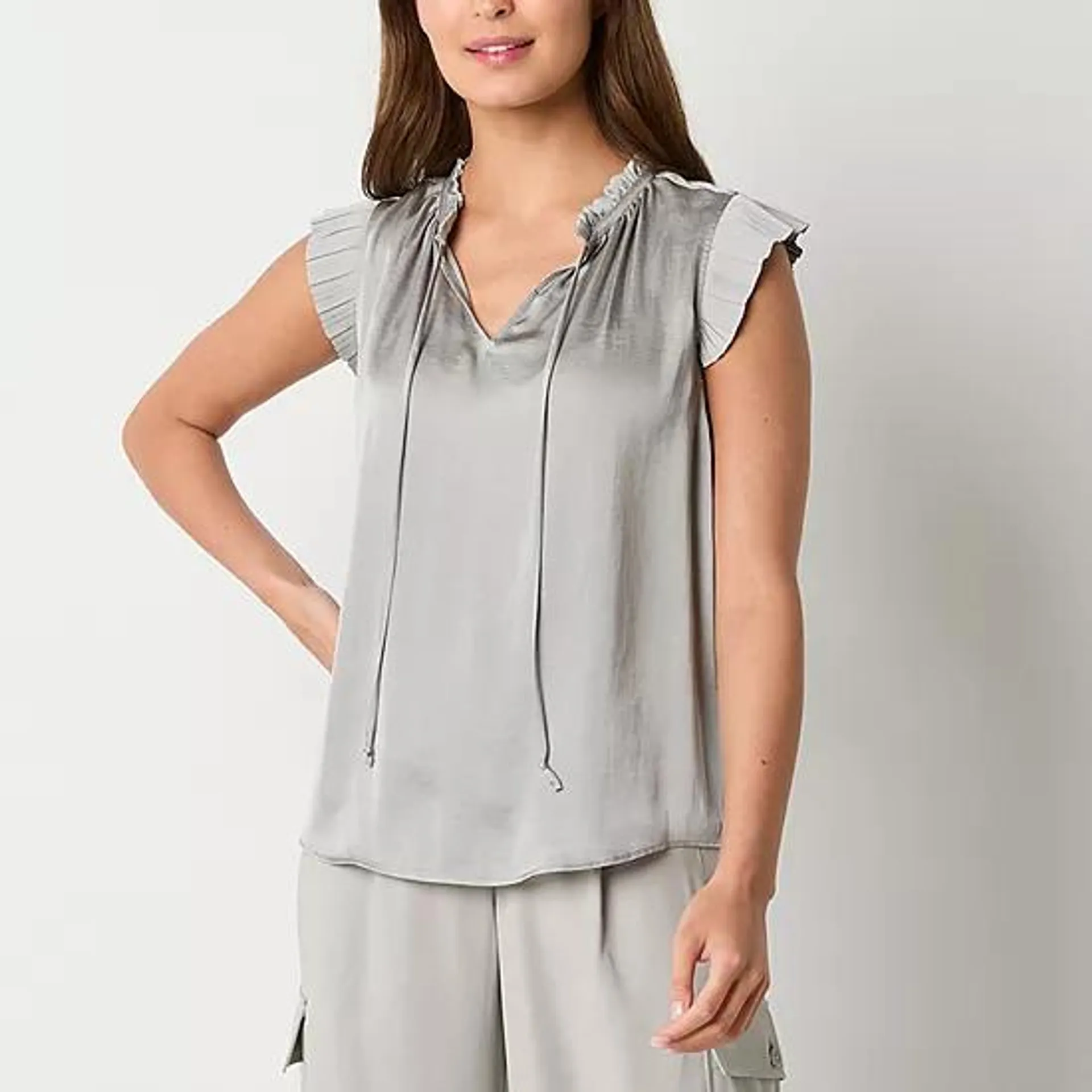 Worthington Womens Split Tie Neck Sleeveless Blouse