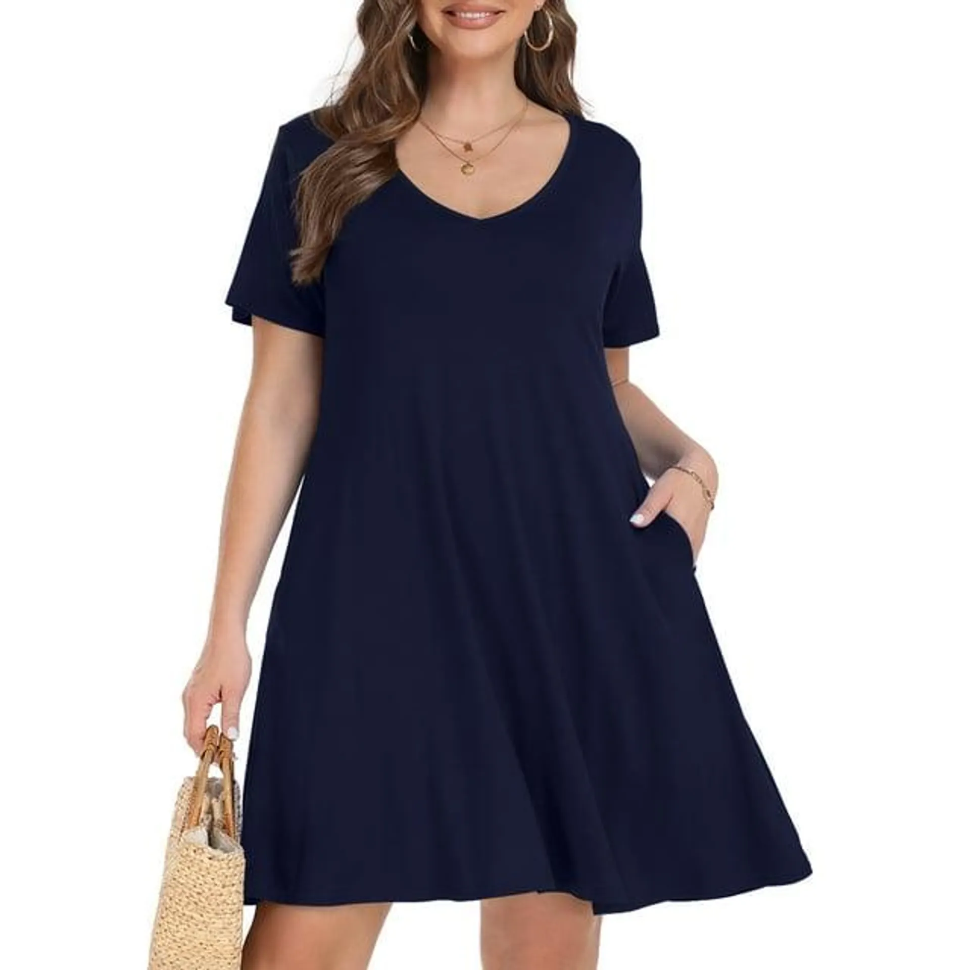 Plus Size Dresses for Women, VEPKUL V Neck T Shirt Dress 2024 Short Sleeve Casual Loose Swing Summer Dress with Pockets