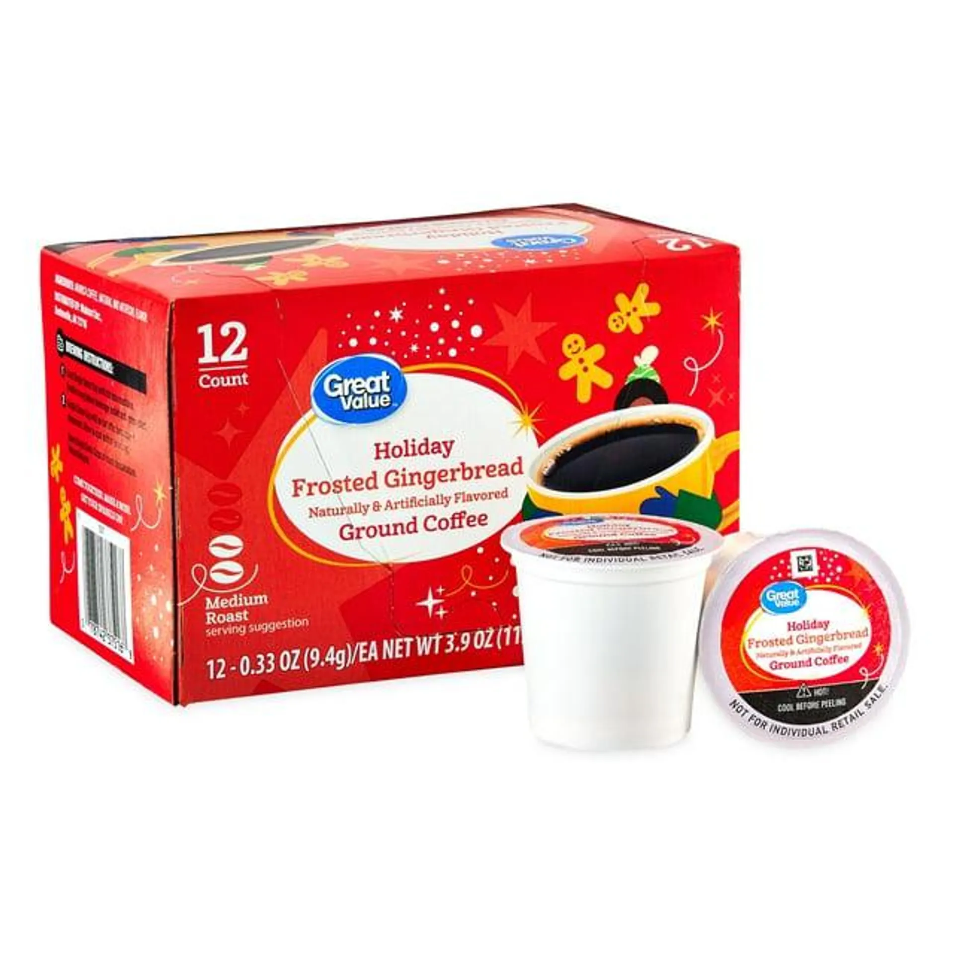 Great Value Holiday Frosted Gingerbread Ground Coffee Individual Cups, 3.9 oz, 12 Count