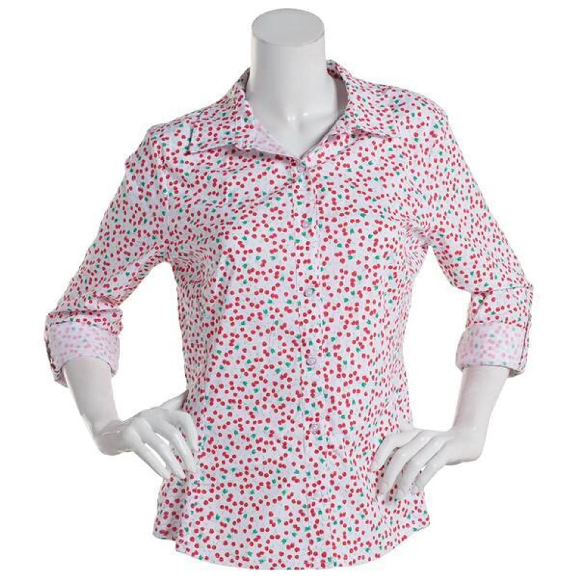 Womens Zac & Rachel 3/4 Sleeve Cherry Casual Button Down Blouse