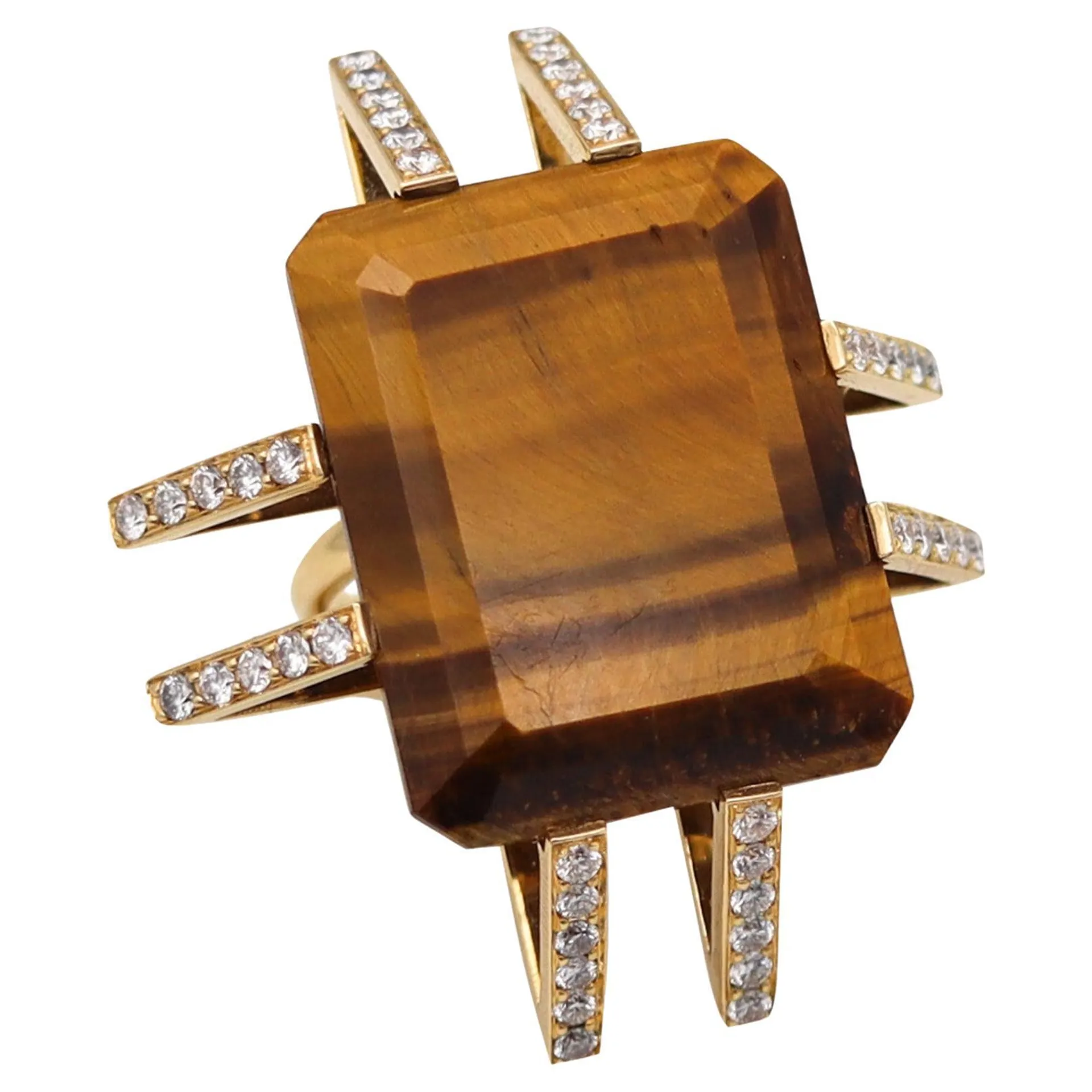 FRENCH Modernist Geometric Ring In 18Kt Gold With 52.40 Ctw Diamonds & Tiger Eye