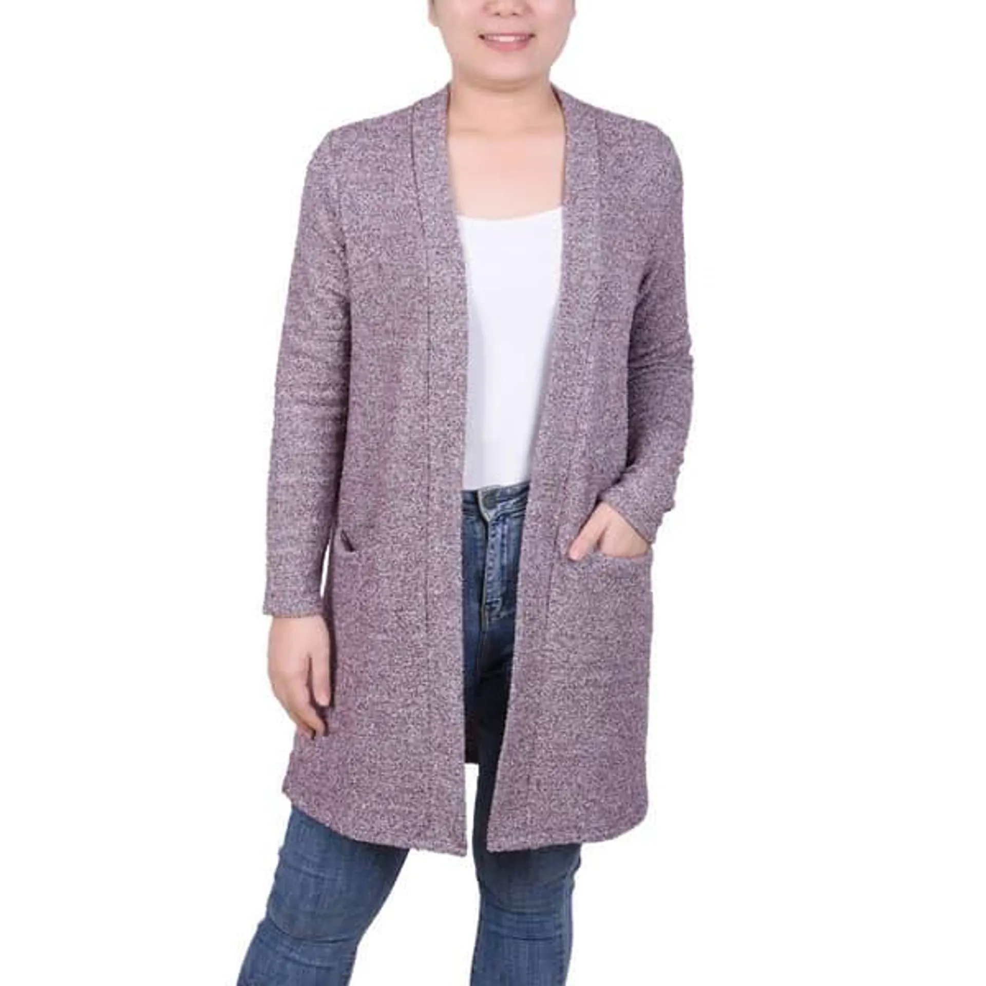 Womens NY Collection Textured Heathered Long Cardigan