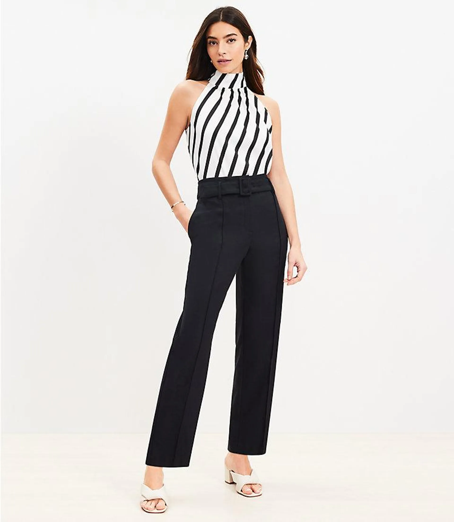 Pintucked Belted Slim Pants in Twill