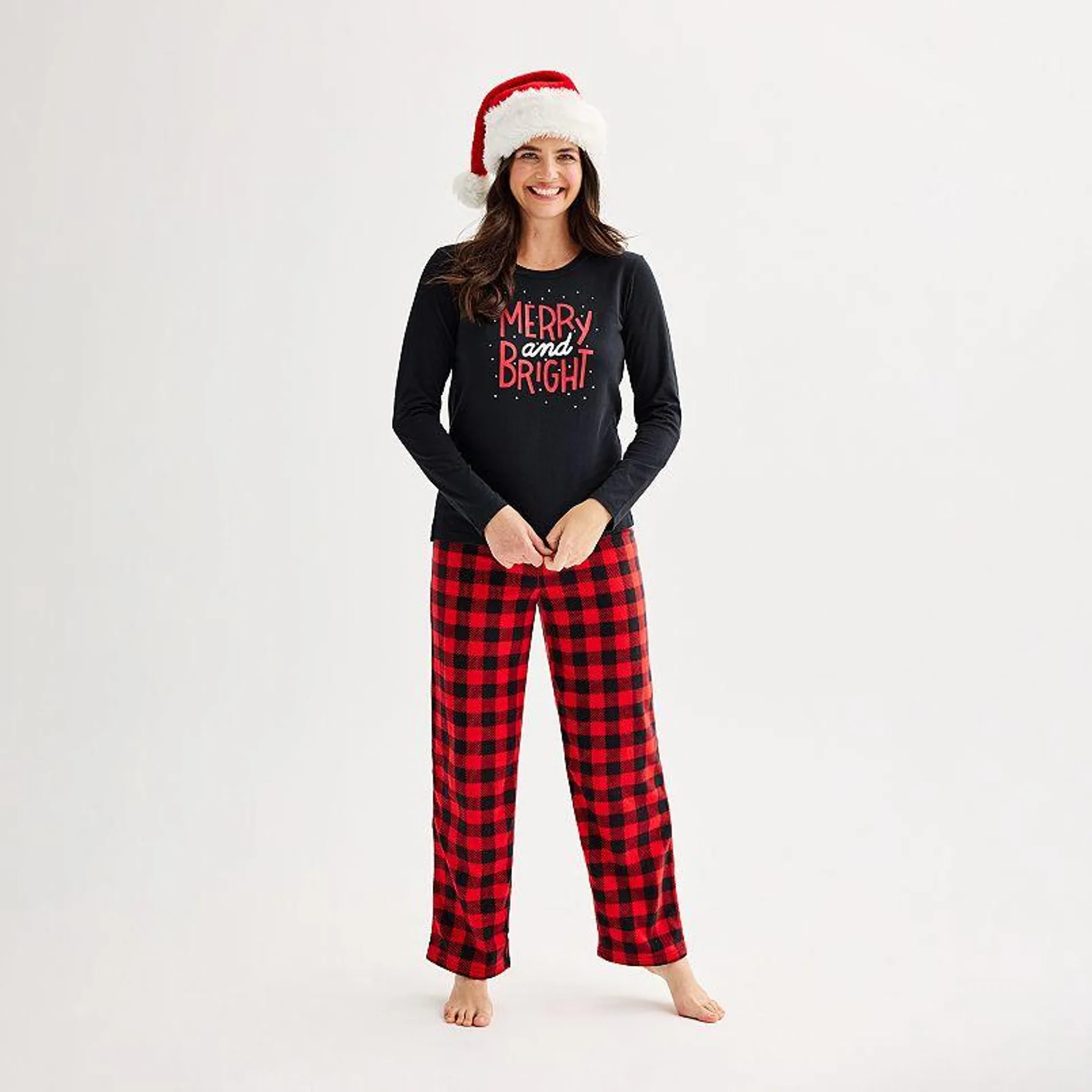 Women's Jammies For Your Families® Merry & Bright Buffalo Plaid Pajama Top & Fleece Wide Leg Pajama Bottoms Set