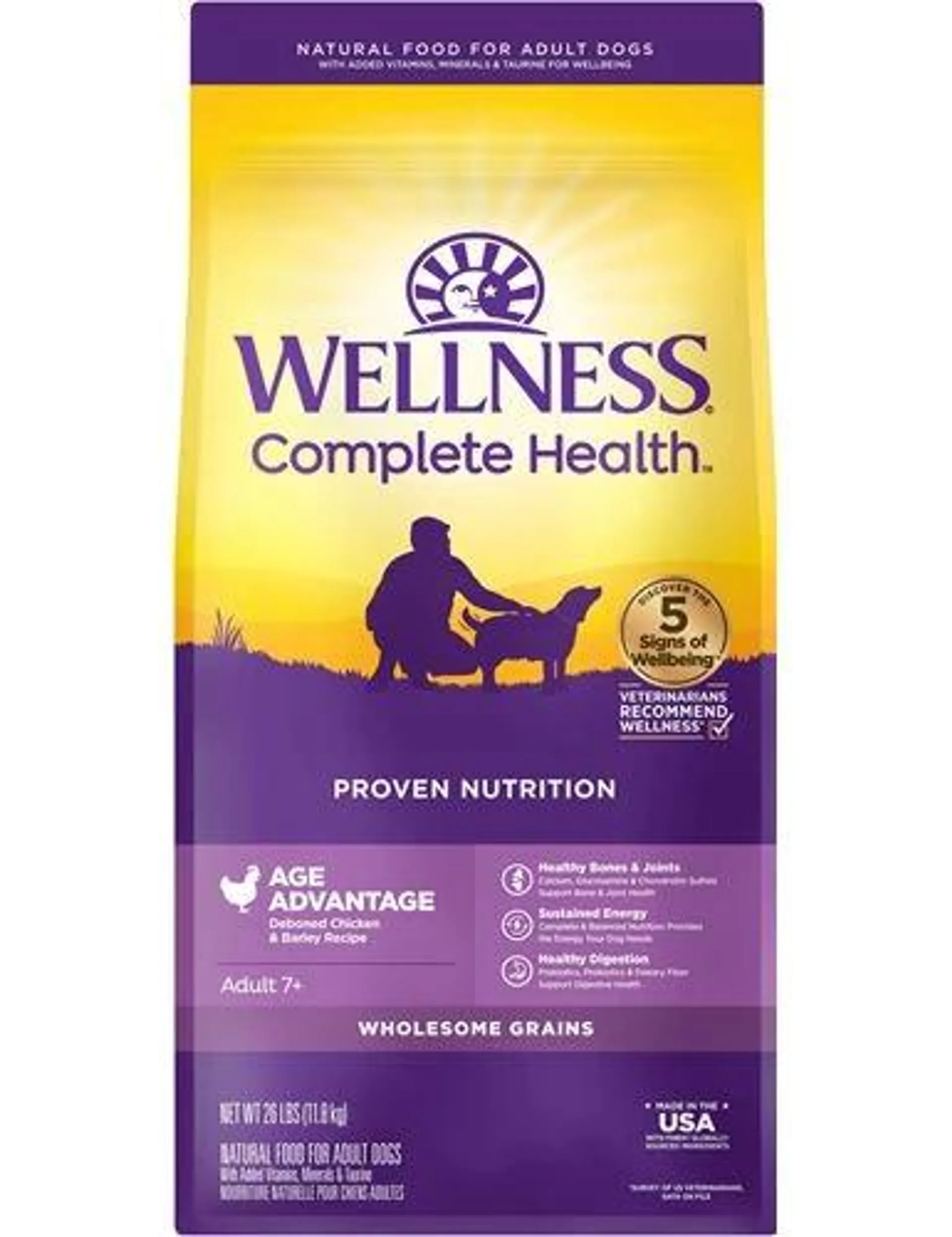 Wellness Complete Health Grained Senior Dry Dog Food, Age Advantage, Deboned Chicken & Barley Recipe, 26 Pound Bag