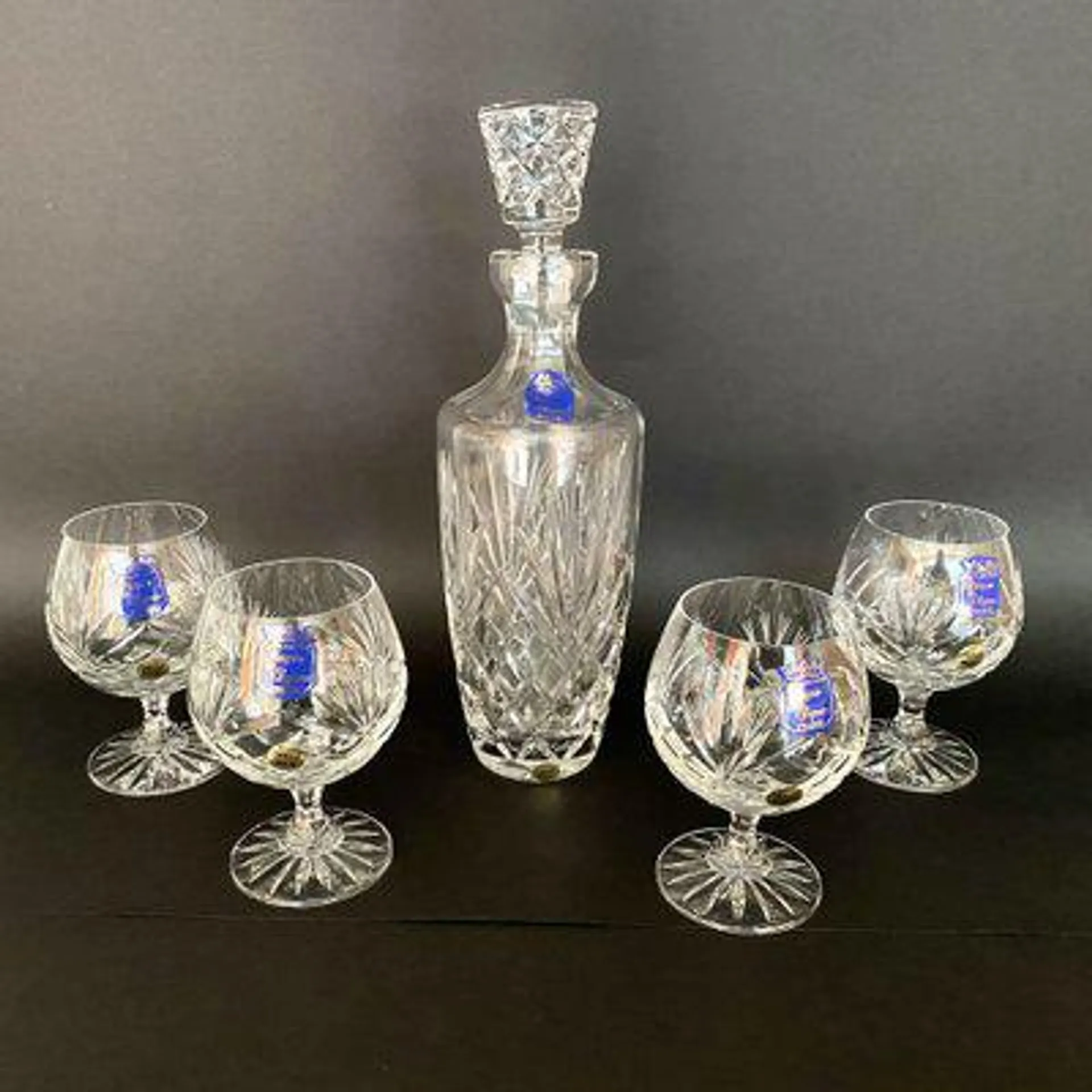 Crystal Wine Glasses & Carafe with Stopper from Marquise De Jegonras, France, 1980s, Set of 5