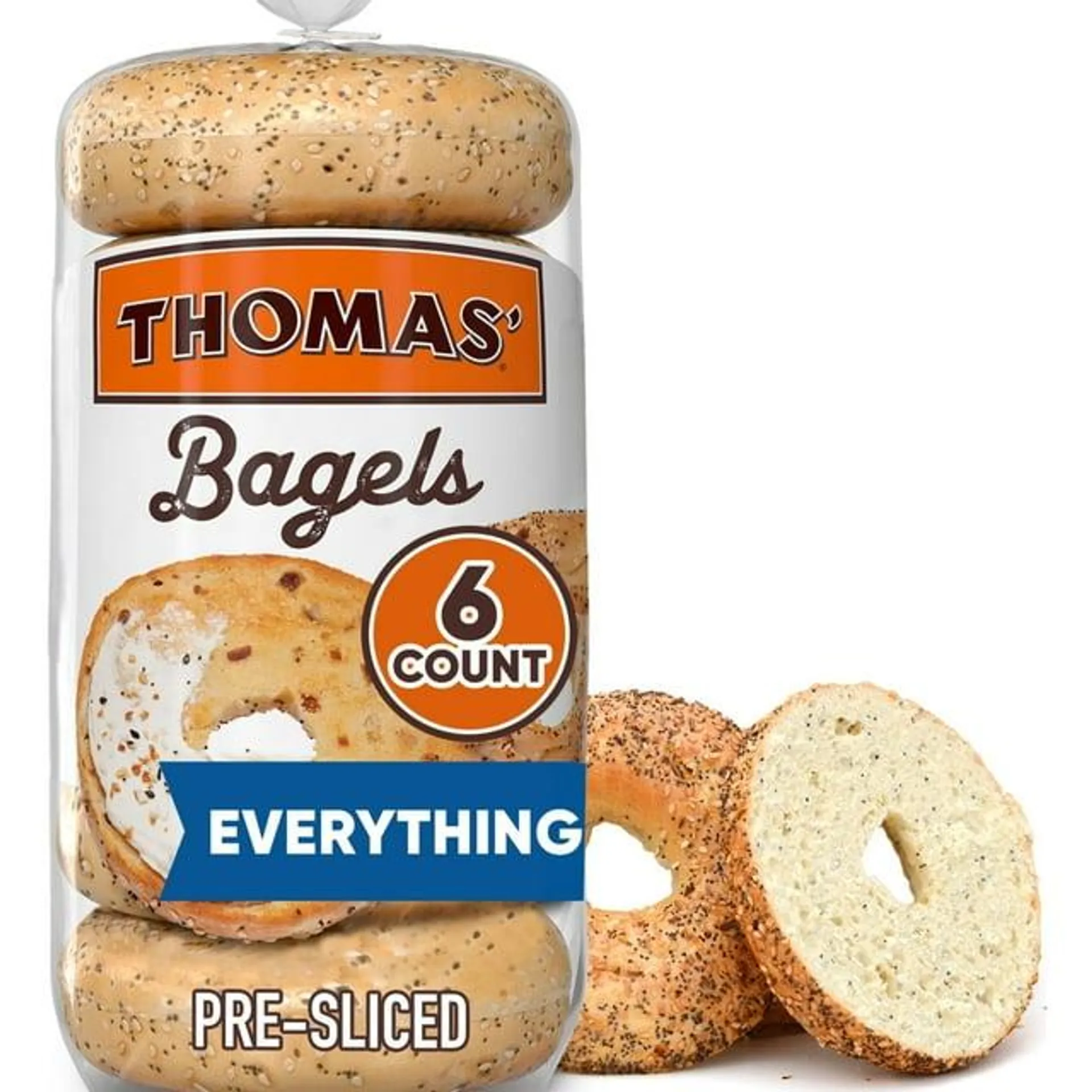 Thomas' Everything Bagels, 6 count, Soft Pre-sliced Bagels, 20 oz Bag