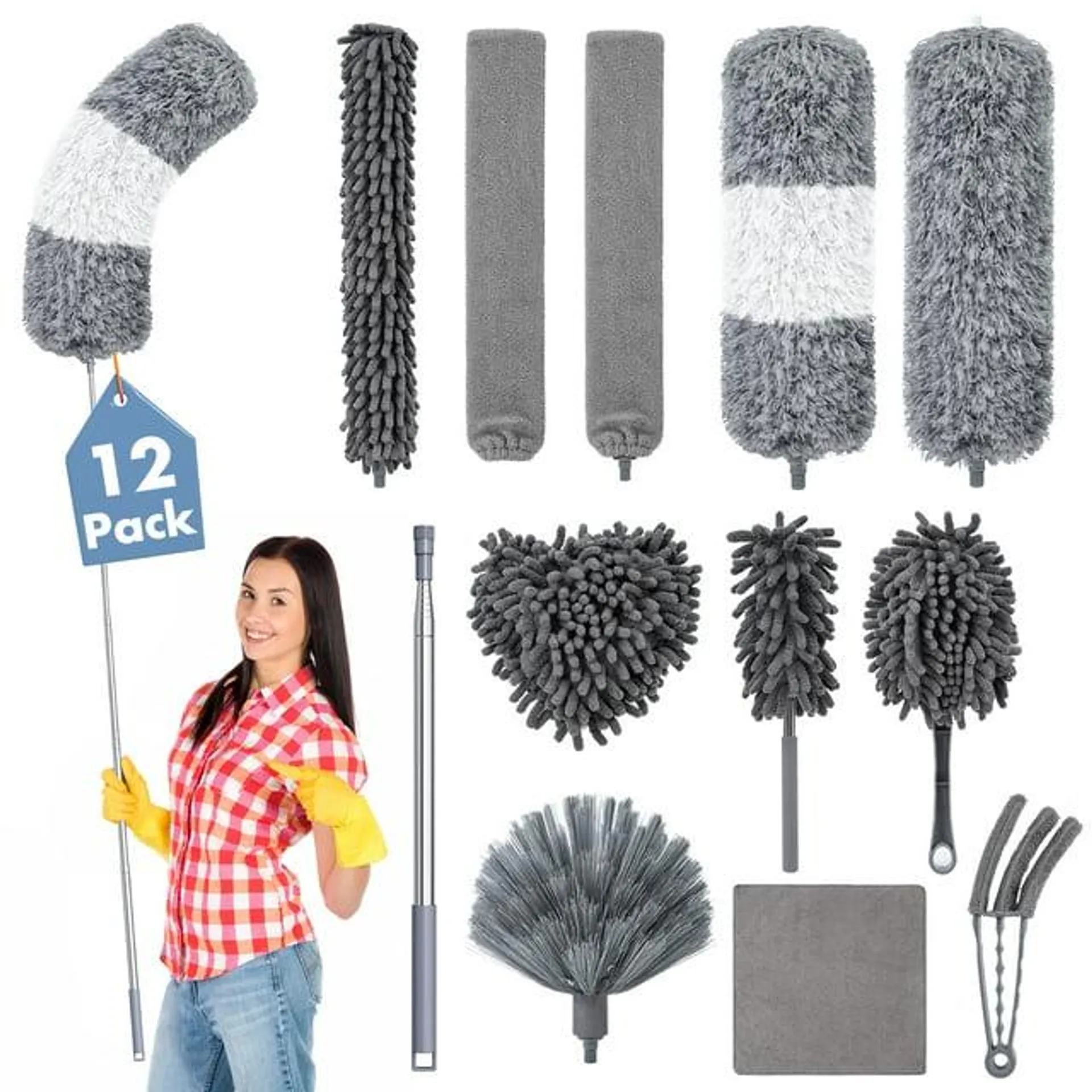 Treamon 12 Pcs Gray Microfiber Dusters, Washable Dusters with Extension Pole(30 to 100 in) for Cleaning Walls, Bendable Extendable Long Feather Duster