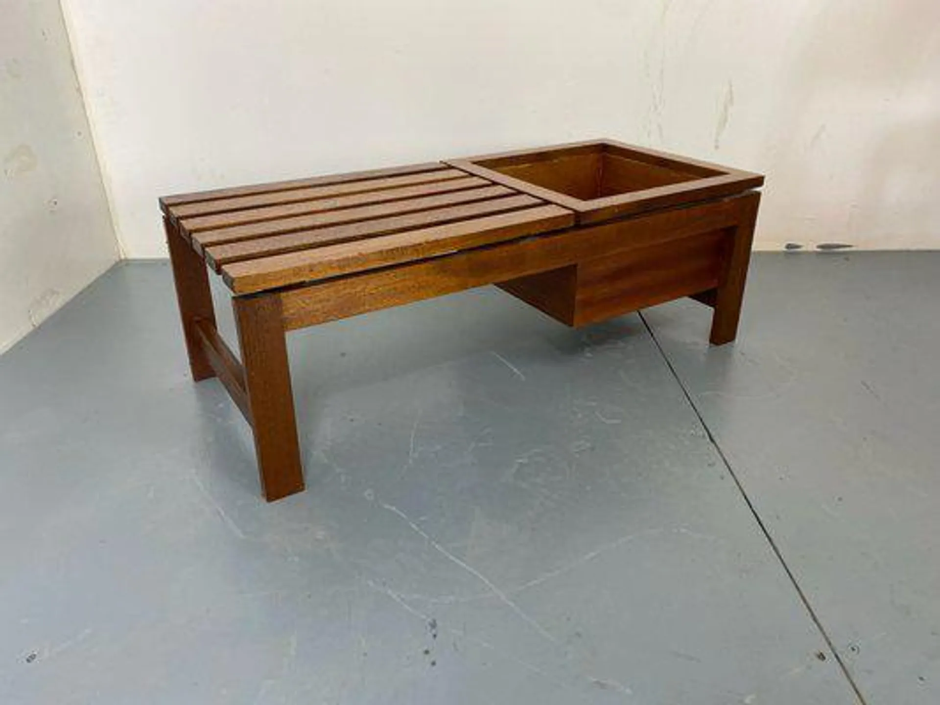 Mid-Century Modern Teak Slat Bench Side Table with Plant Stand, 1960s