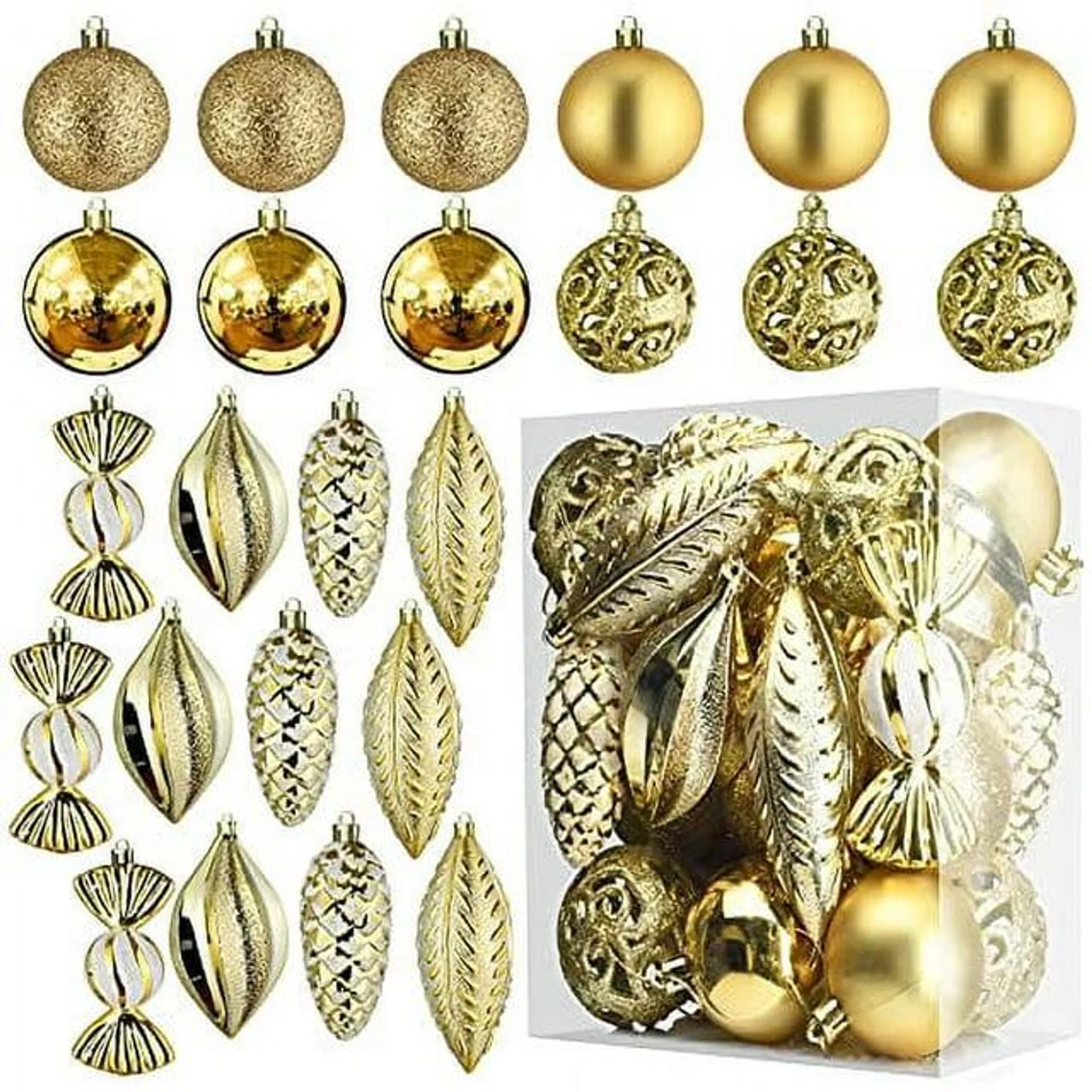 Gold Christmas Ball Ornaments for Christmas Decorations - 24 Pieces Xmas Tree Shatterproof Ornaments with Hanging Loop for Holiday and Party Decoration (Combo of 8 Ball and Shaped Styles)