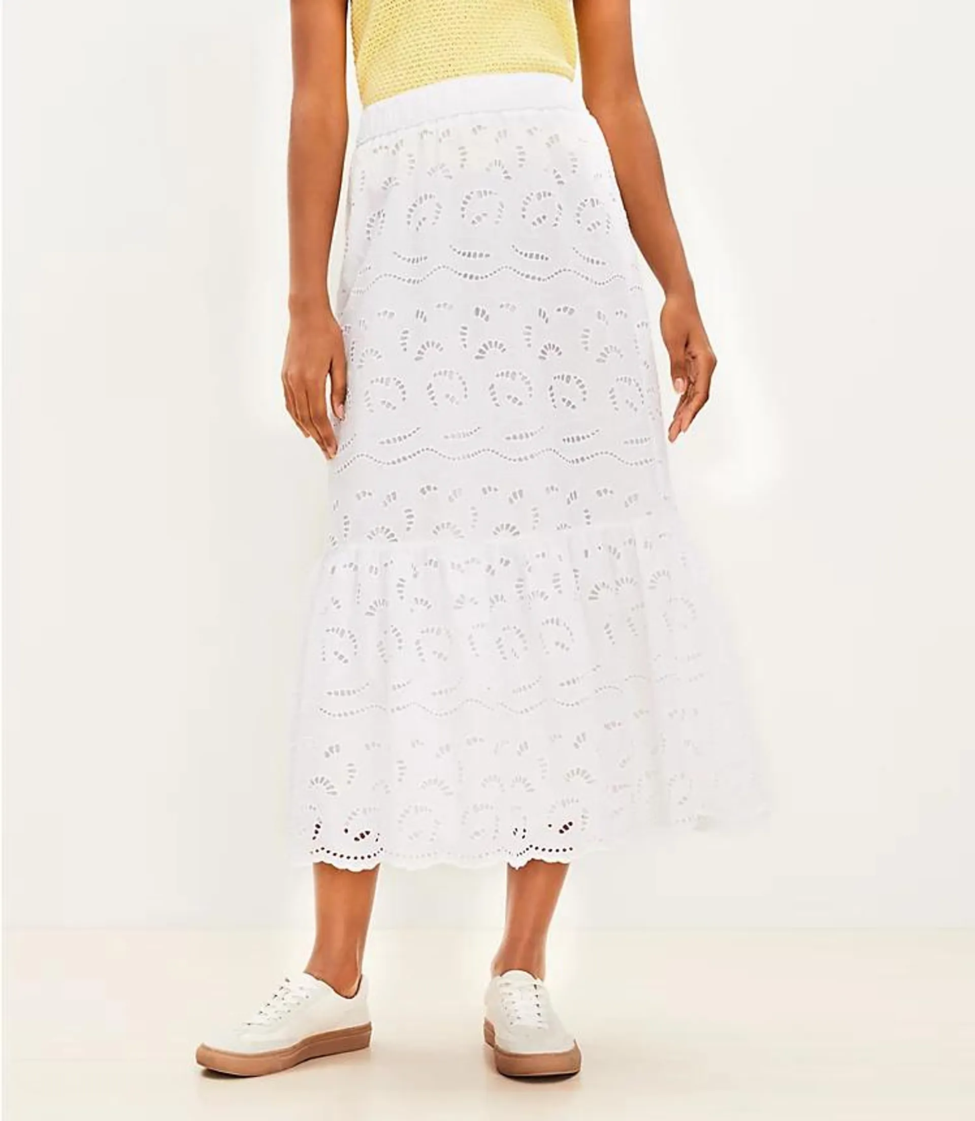 Tiered Eyelet Midi Skirt