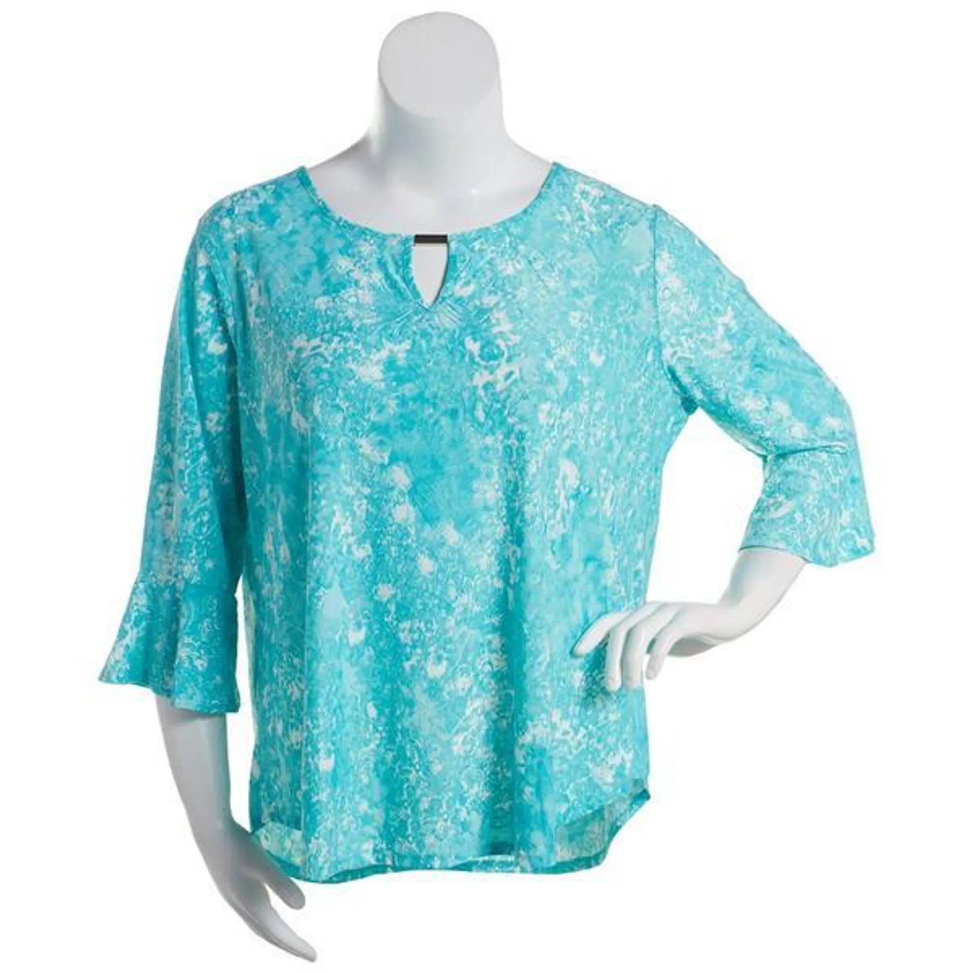 Plus Size Notations 3/4 Ruffle Sleeve Splatter Keyhole Blouse