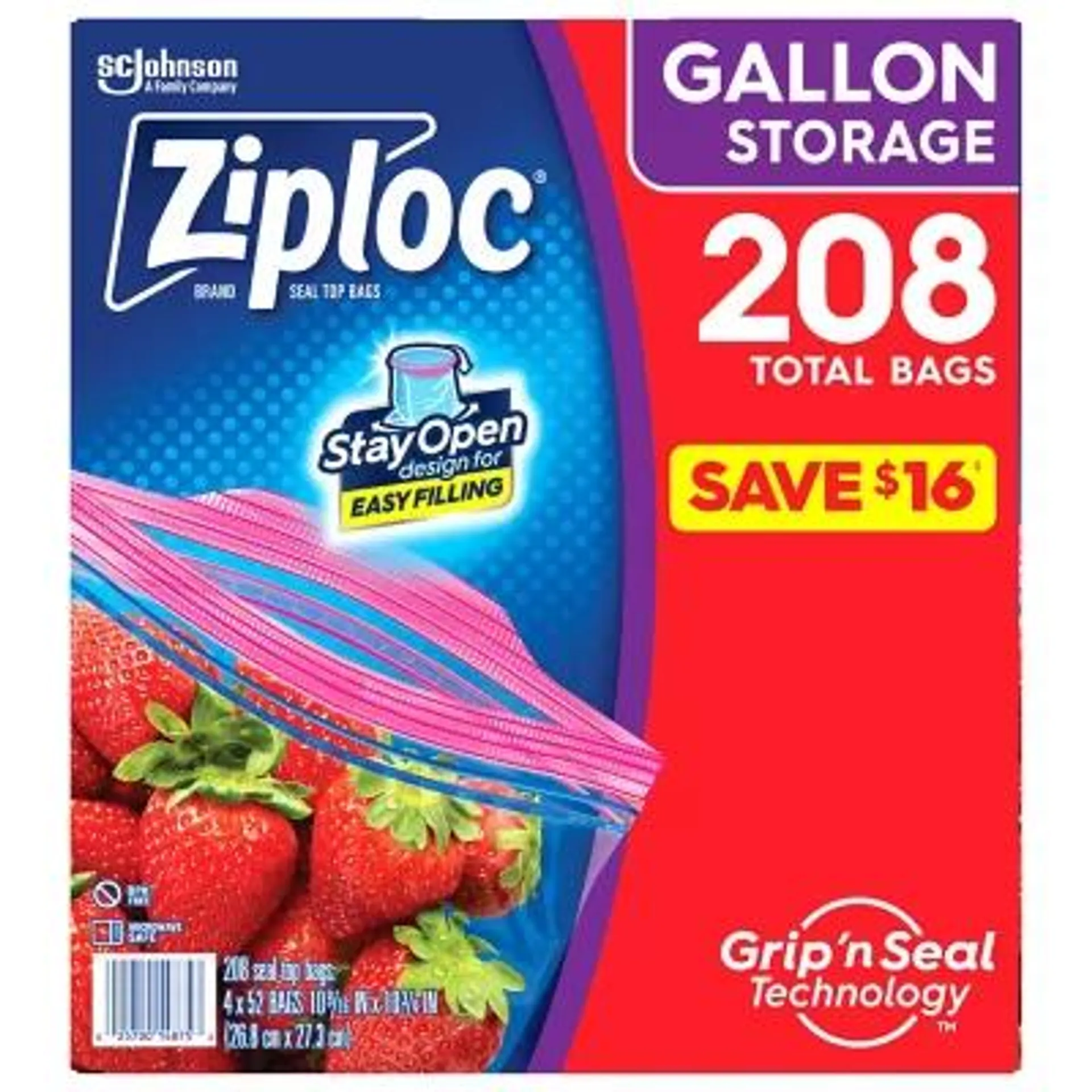 Ziploc Gallon Storage Bags with New Stay Open Design, 208 ct.