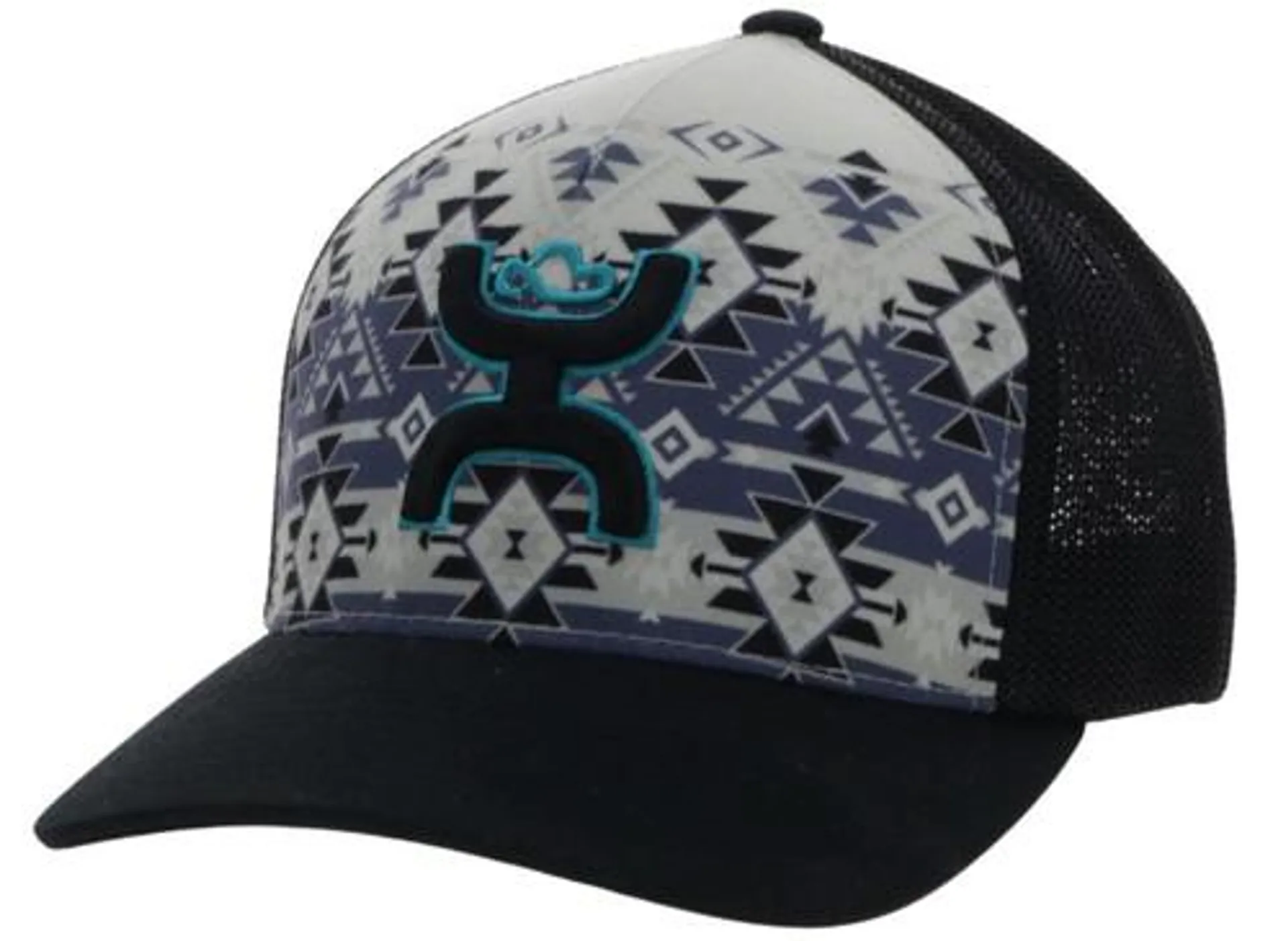 Hooey Men's Coach Cream/Black Aztec Print 5 Panel Flexfit Cap with Black/Blue Hooey Logo