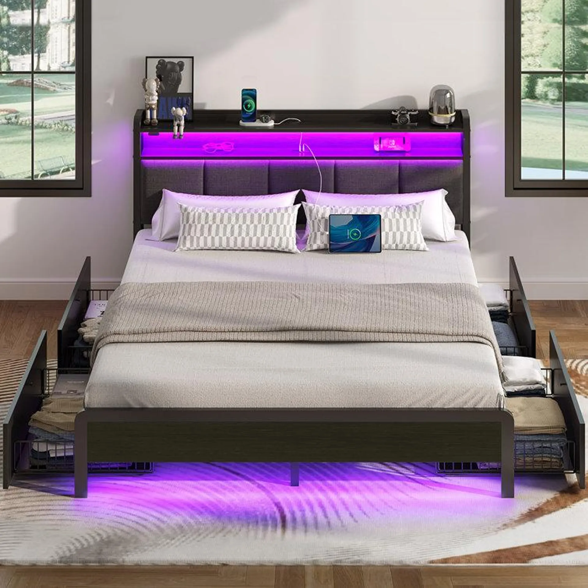 Franzi Bed with Storage Headboard, 4 Storage , Charging Station and LED Lights