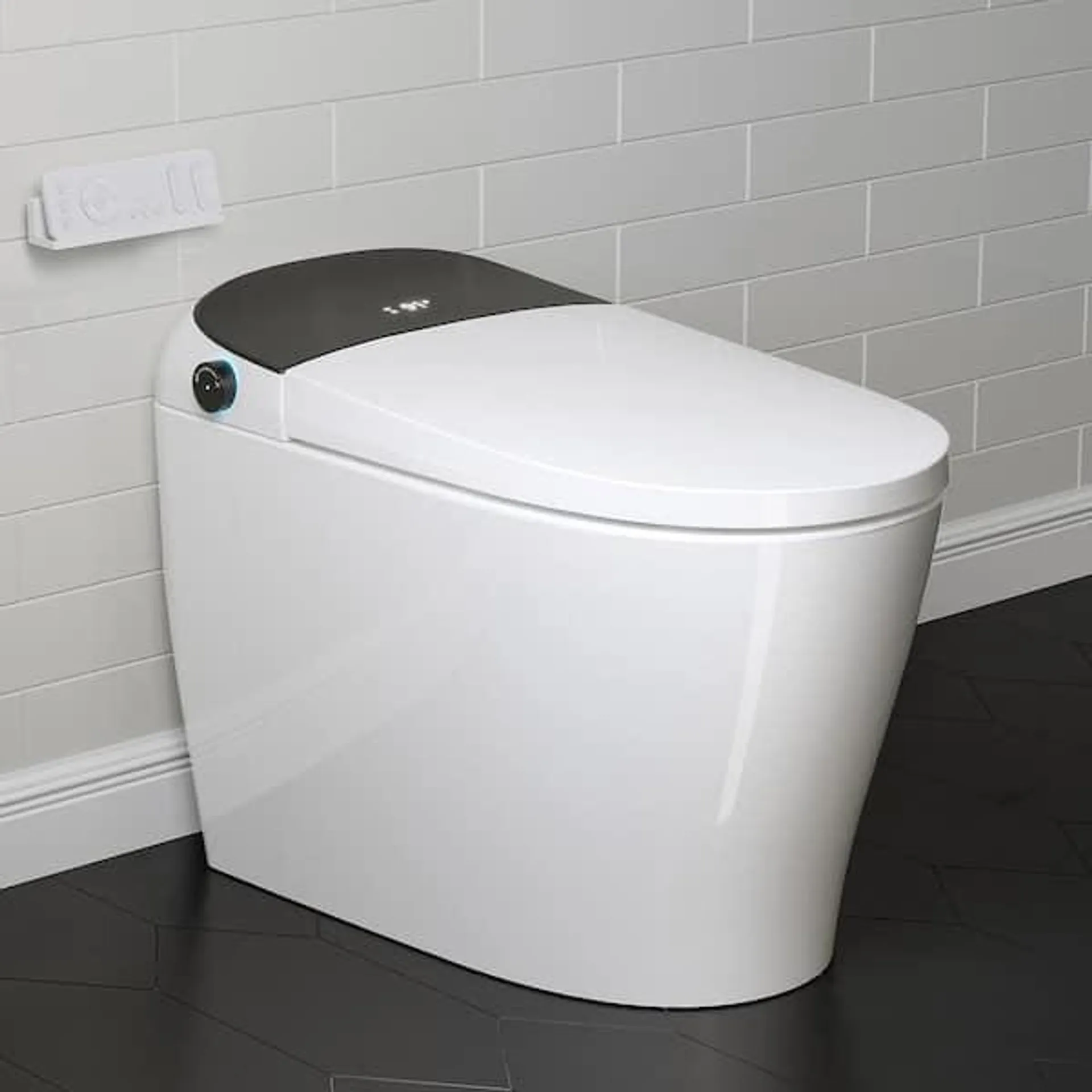 Tankless Elongated Bidet Toilet 1.27 GPF in White with Black Backlid, Auto Flush, Warm Air Dryer, Bubble Infusion Wash