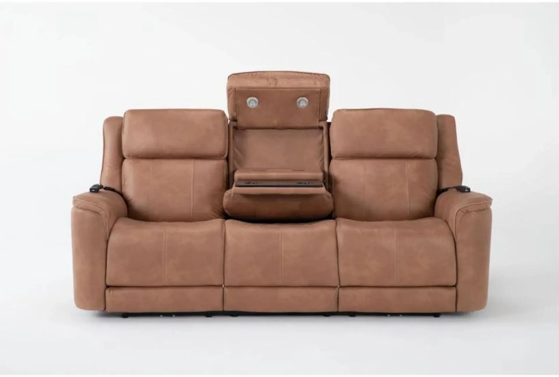 Zachary Saddle Brown 88" Power Zero Gravity Reclining Sofa with Power Headrest, Heat, Massage, Drop Down Tray, Cupholders, LED Lights, Wireless Charging & USB