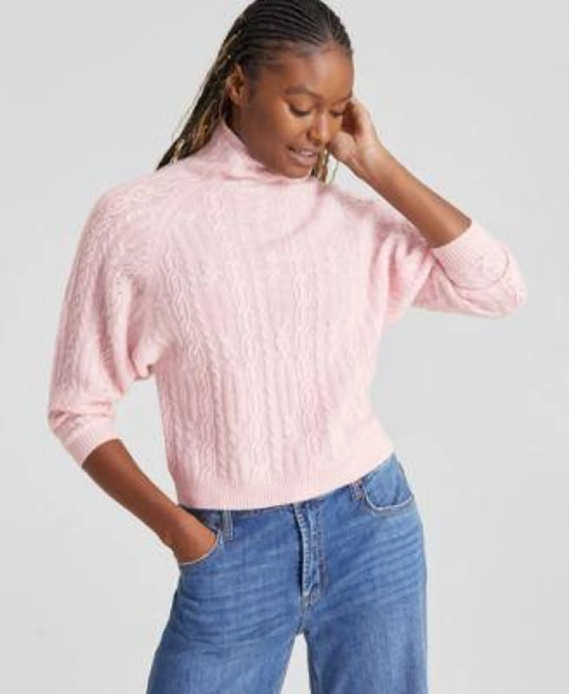 Women's Petite Cashmere Embellished Dolman-Sleeve Cable-Knit Sweater, Created for Macy's