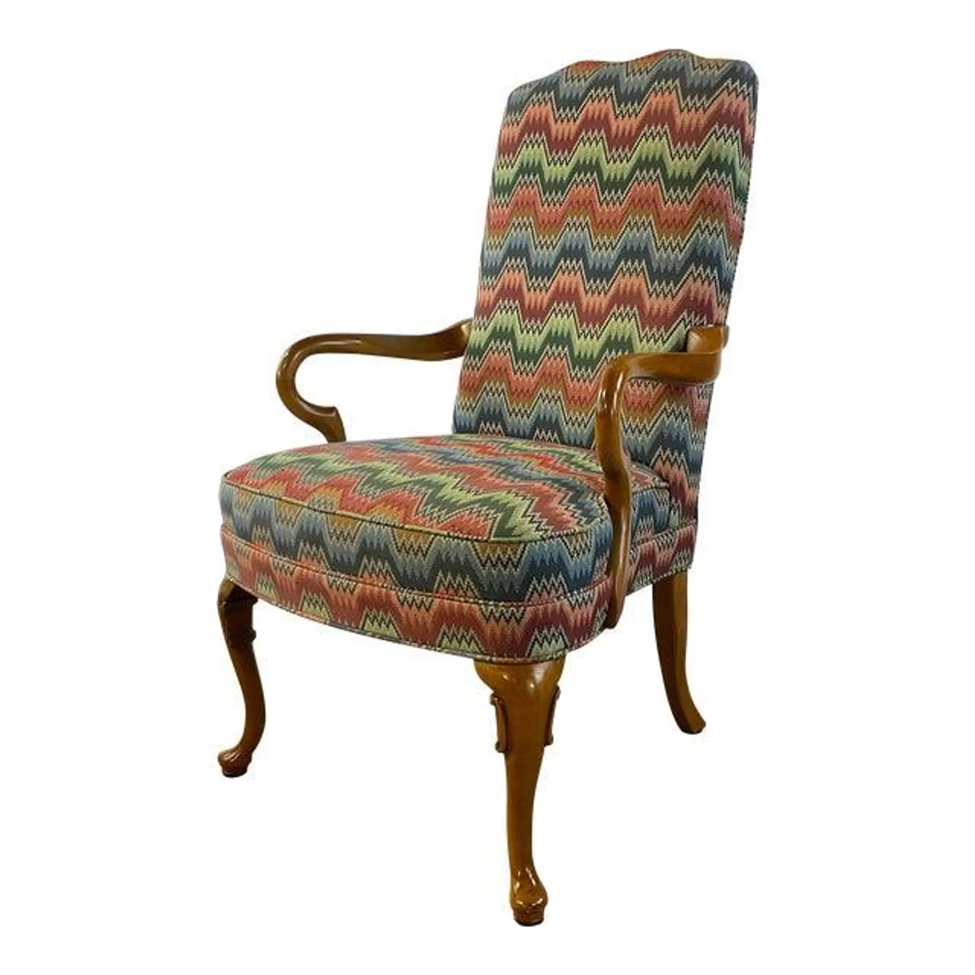 1980s Vintage Arts & Crafts Queen Anne Thomasville Maple Open Arm Side Chair in Flame Stitch Upholstery