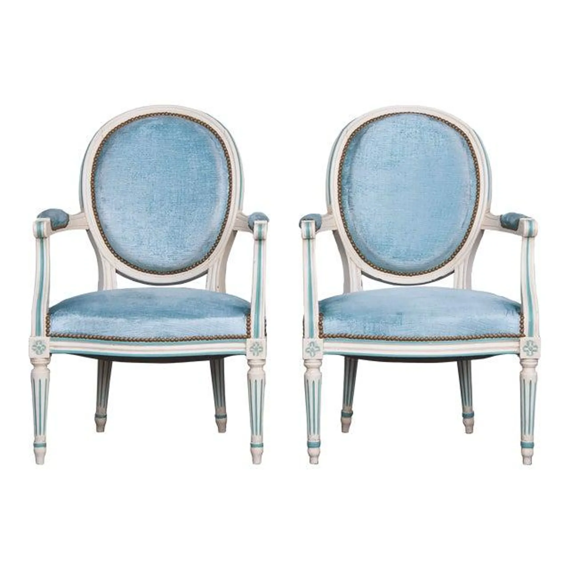 Antique French Louis XVI Style Painted Armchairs and Tabourets W/ Blue Velvet - a Pair