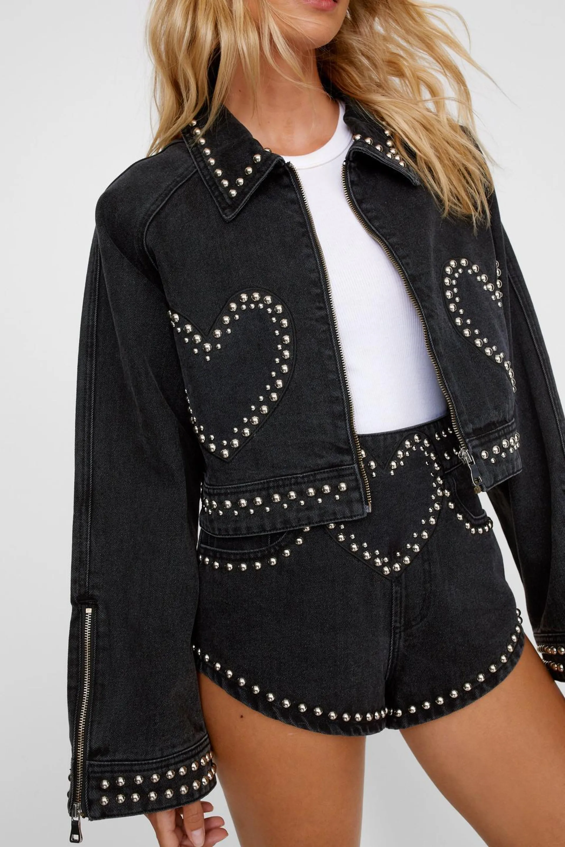 Heart Studded Cropped Denim Jacket