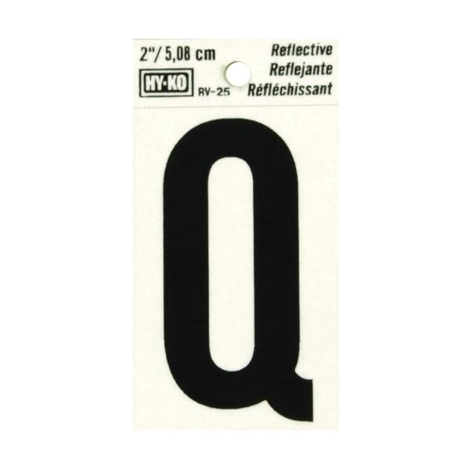 RV-25/Q Reflective Letter, Character: Q, 2 in H Character, Black Character, Silver Background, Vinyl