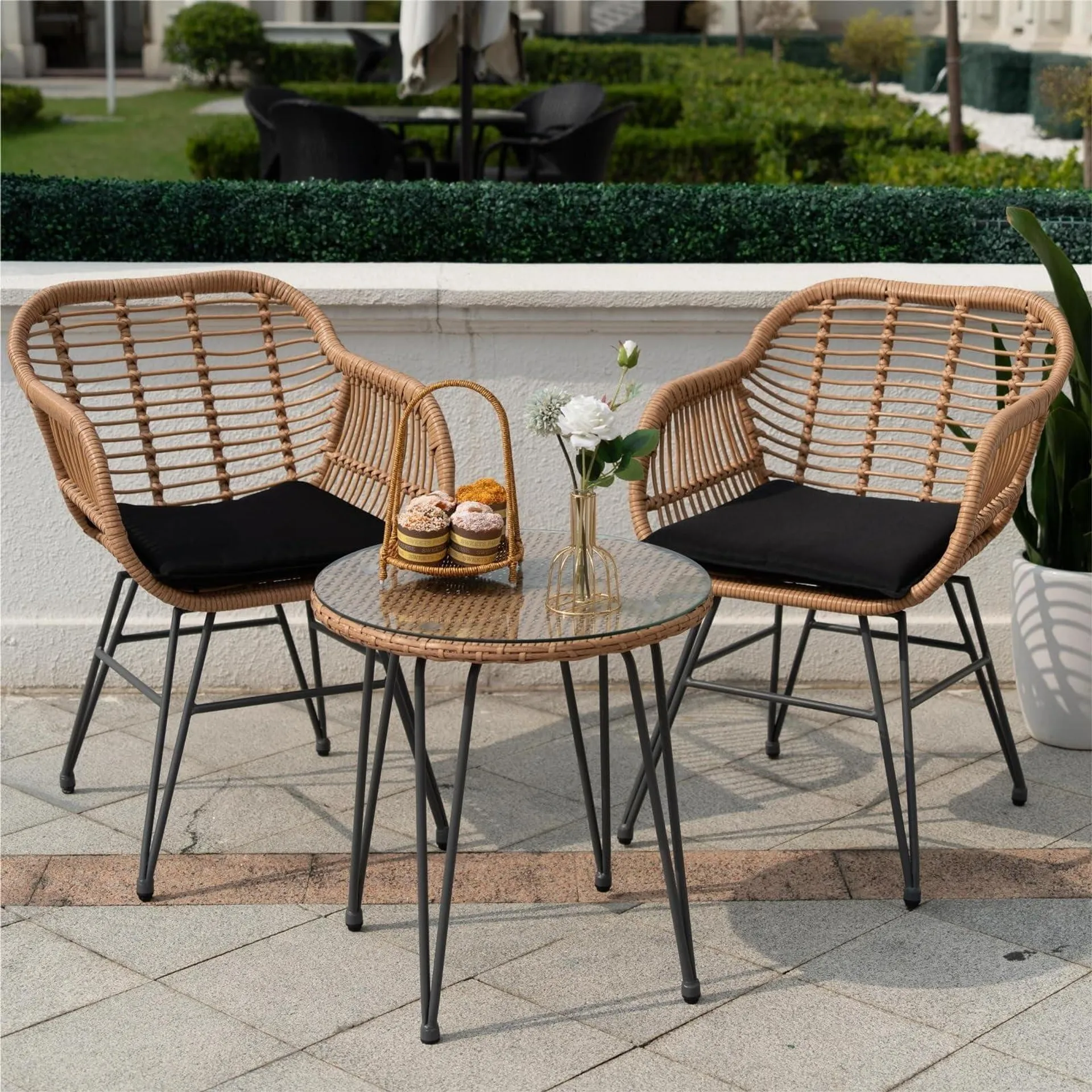 Tappio 3 Piece Outdoor Wicker Furniture Patio Bistro Set, PE Rattan Patio Chairs Set w/Table & Cushions, Modern Outdoor Patio Furniture for Porch Poolside Garden, Black