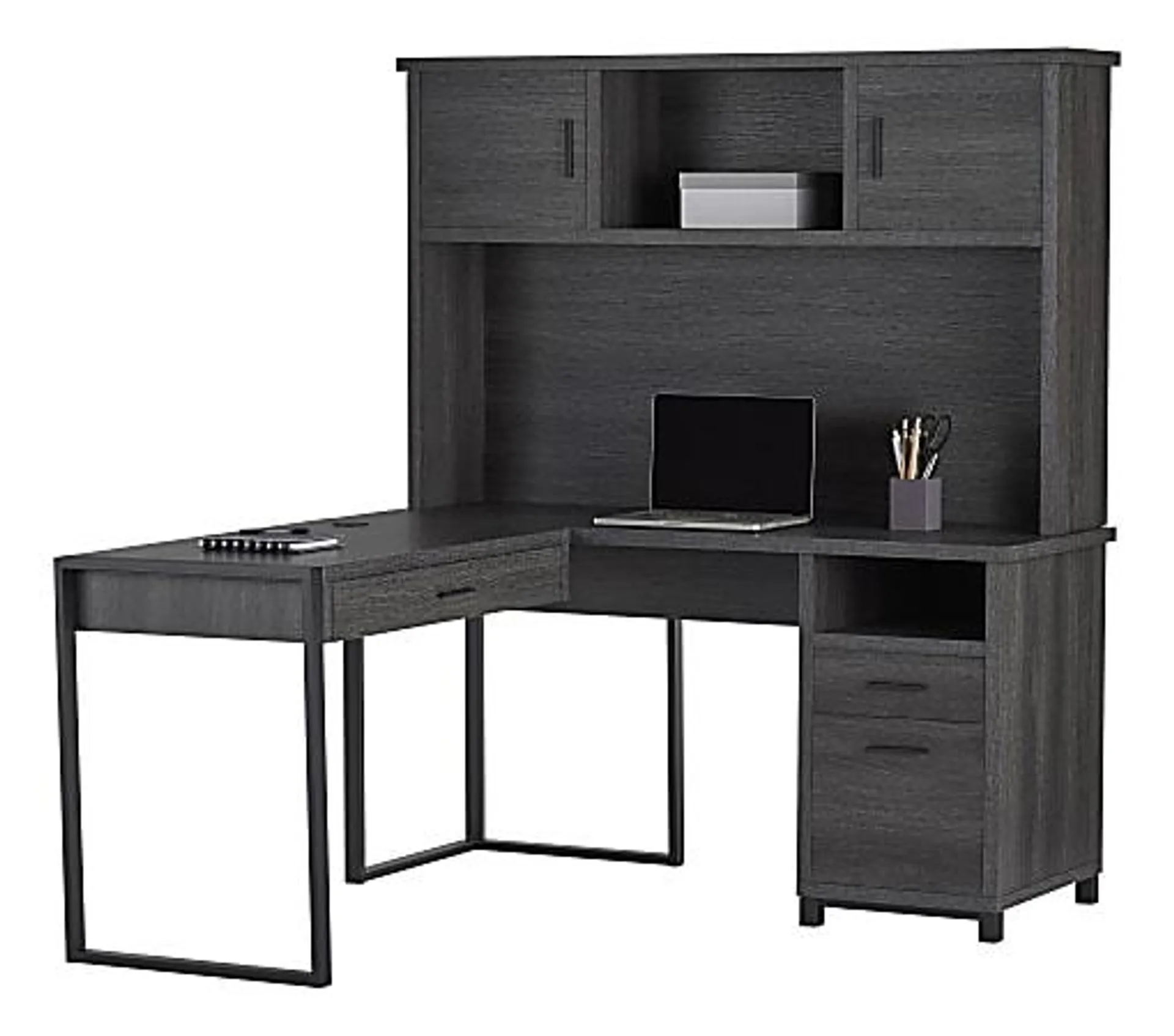 Realspace® DeJori 59"W L-Shape Corner Desk With Hutch, Charcoal