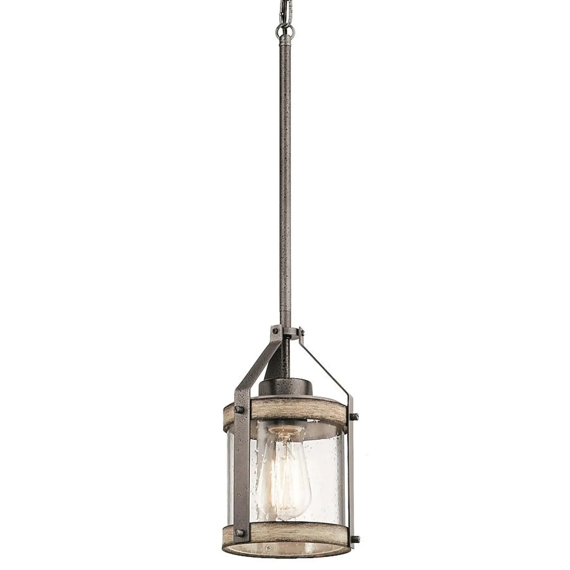 Kichler Barrington Anvil Iron and Distressed Antique Grey Rustic Seeded Glass Cylinder Mini Hanging Pendant Light