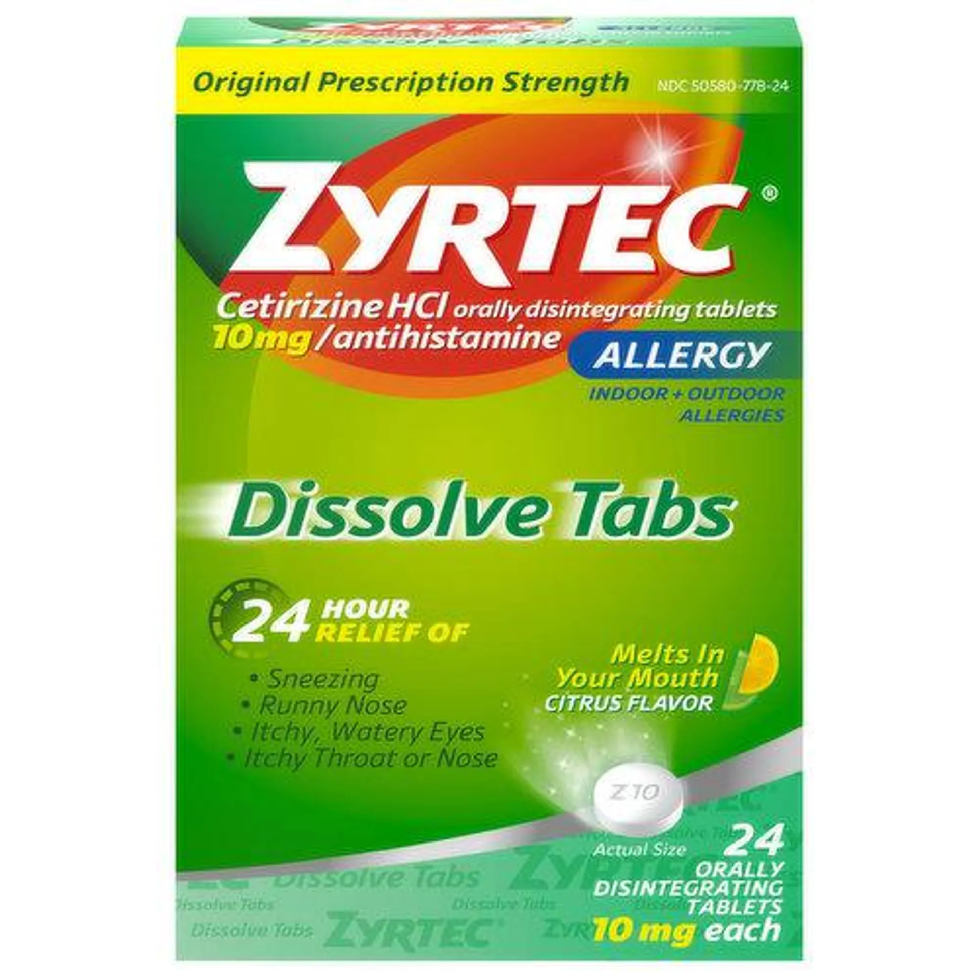 Zyrtec Allergy, Original Prescription Strength, 10 mg, Citrus Flavor, Tablets, 24 Each