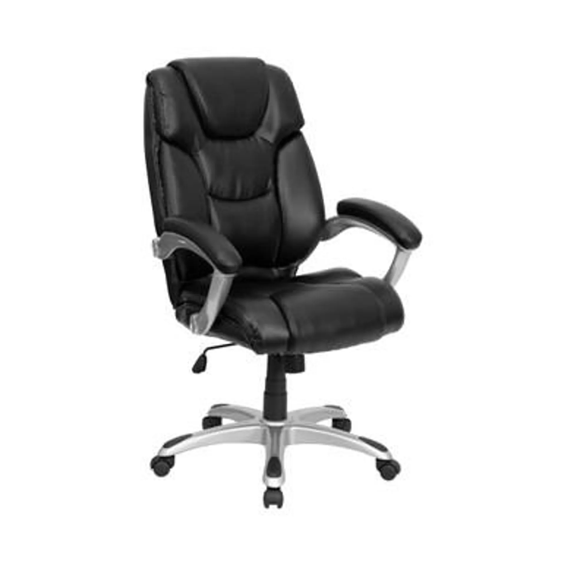 High Back Black LeatherSoft Layered Upholstered Executive Swivel Ergonomic Chair with Silver Nylon Base and Arms
