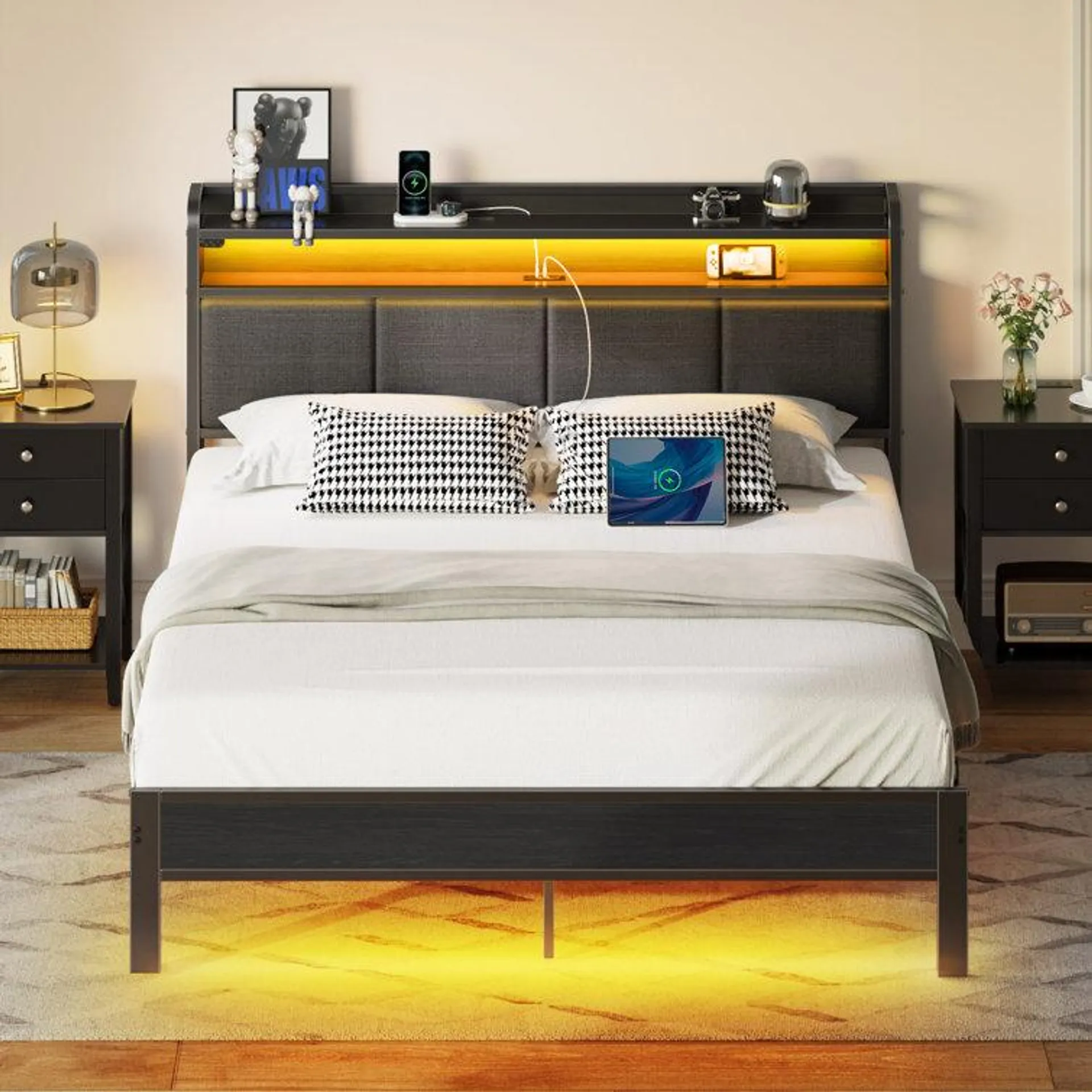 Etsuyo Upholstered Storage Bed with Headboard, LED Lights and Charging Station