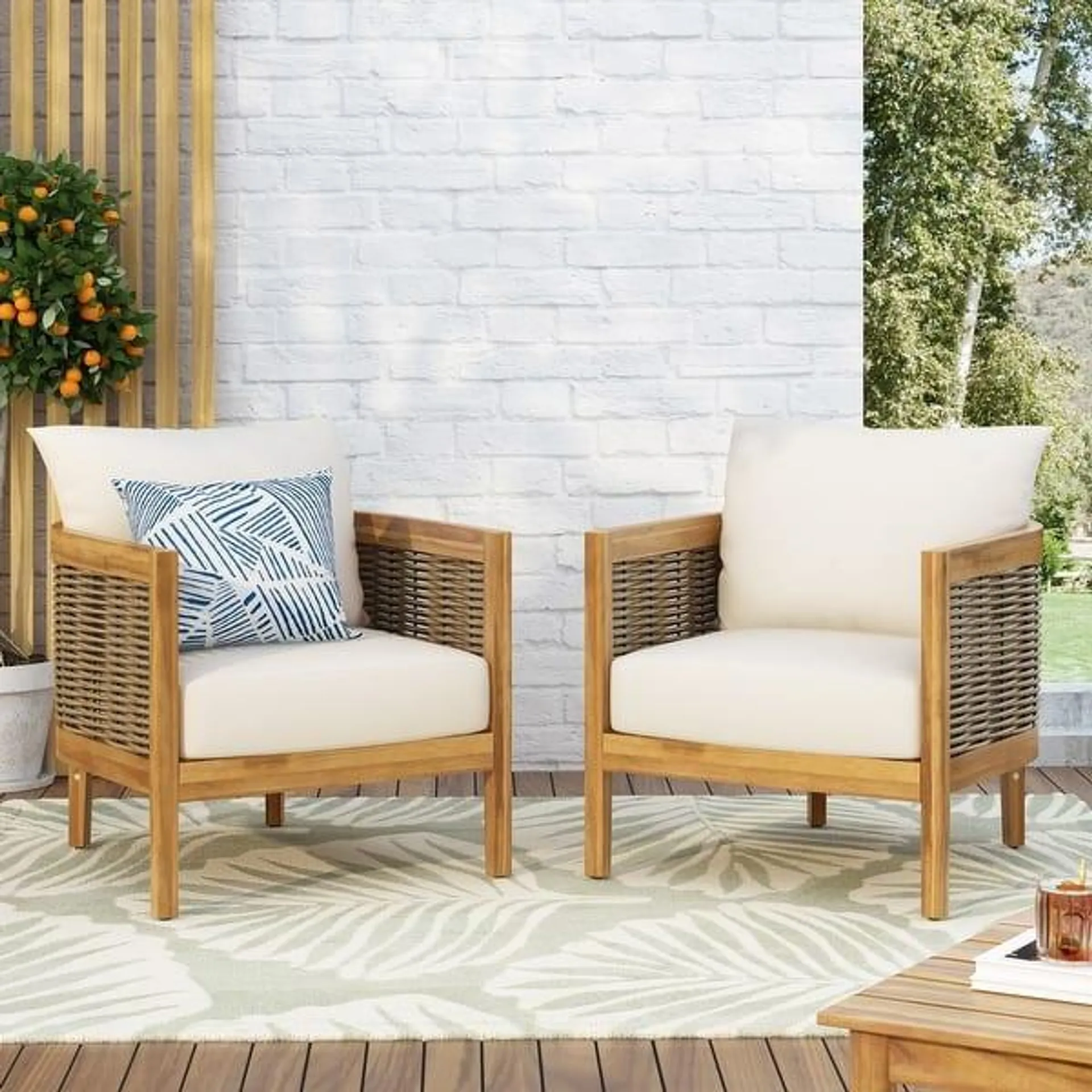 Burchett Outdoor Acacia Wood and Wicker Club Chairs (Set of 2) with Optional Sunbrella Cushions by Christopher Knight Home