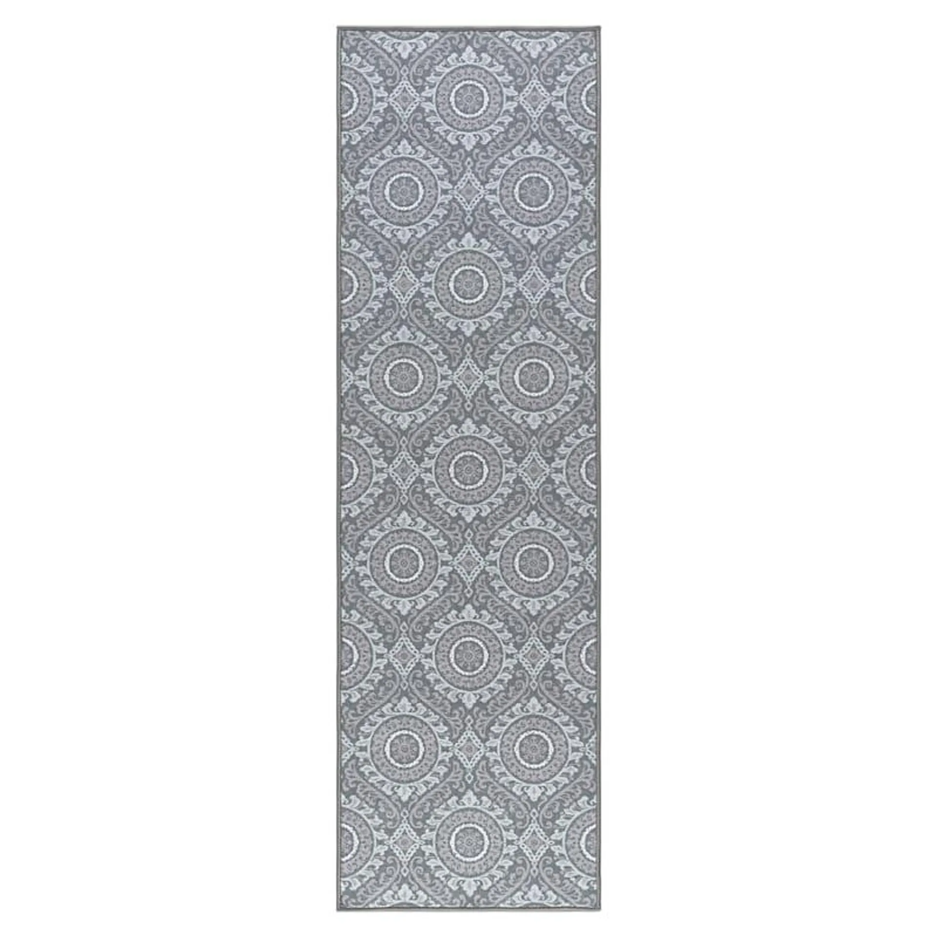 (D375) Grey Medallion & Geometric Patterned Runner, 2x7