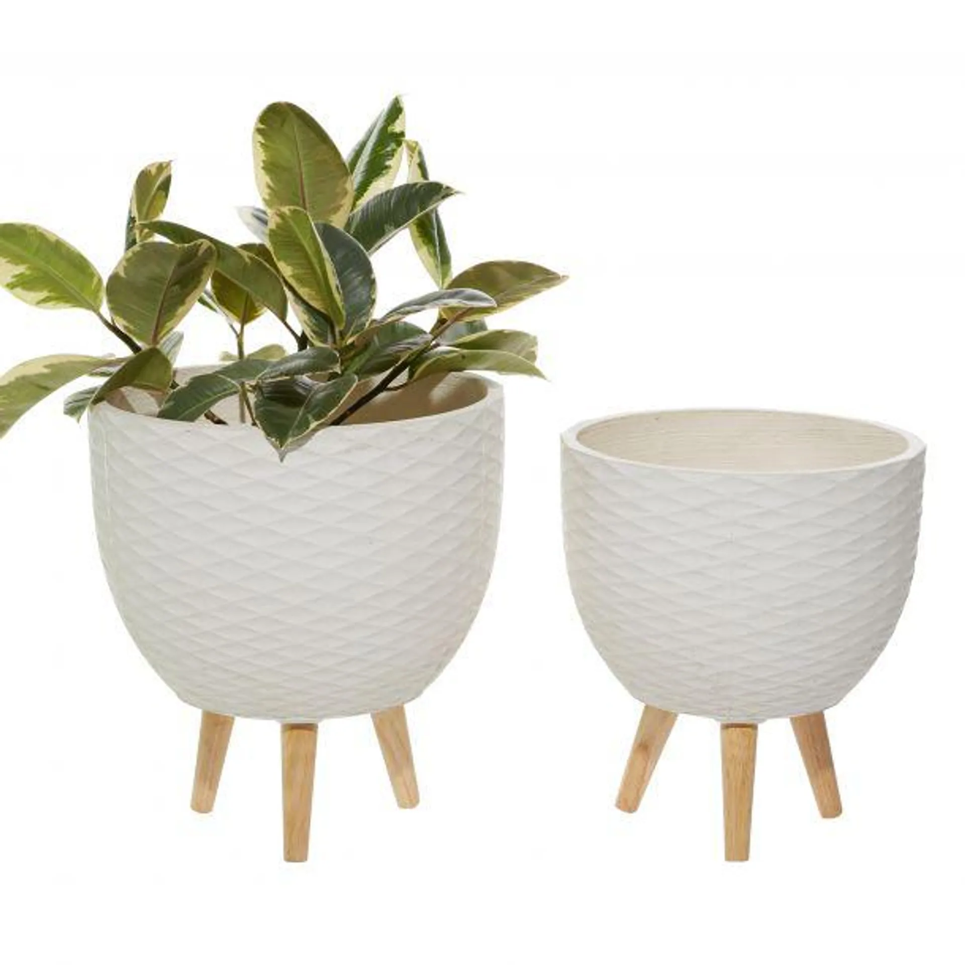 Set of 2 White Polystone Contemporary Planter, 14", 15"