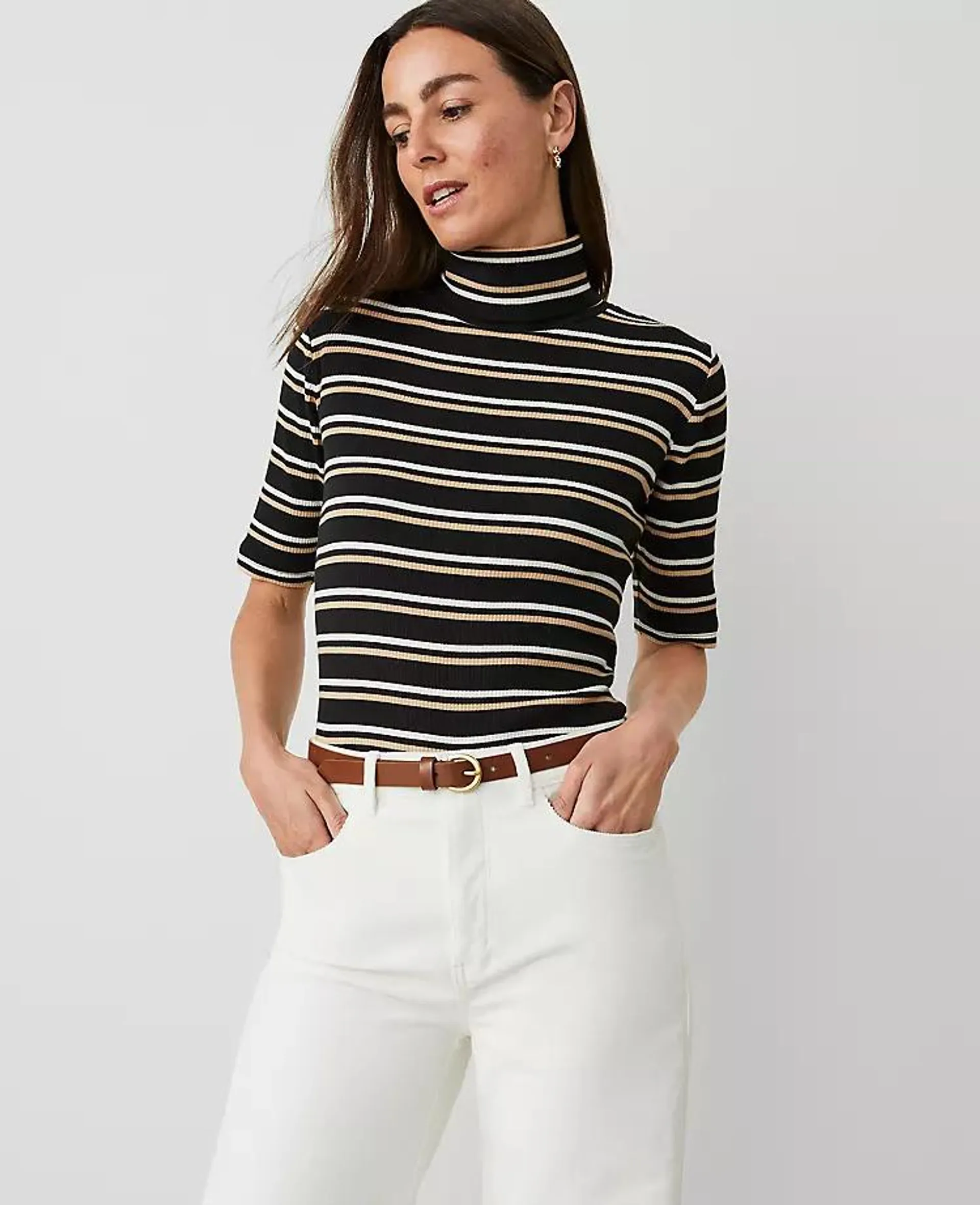 Stripe Ribbed Turtleneck Elbow Sleeve Top