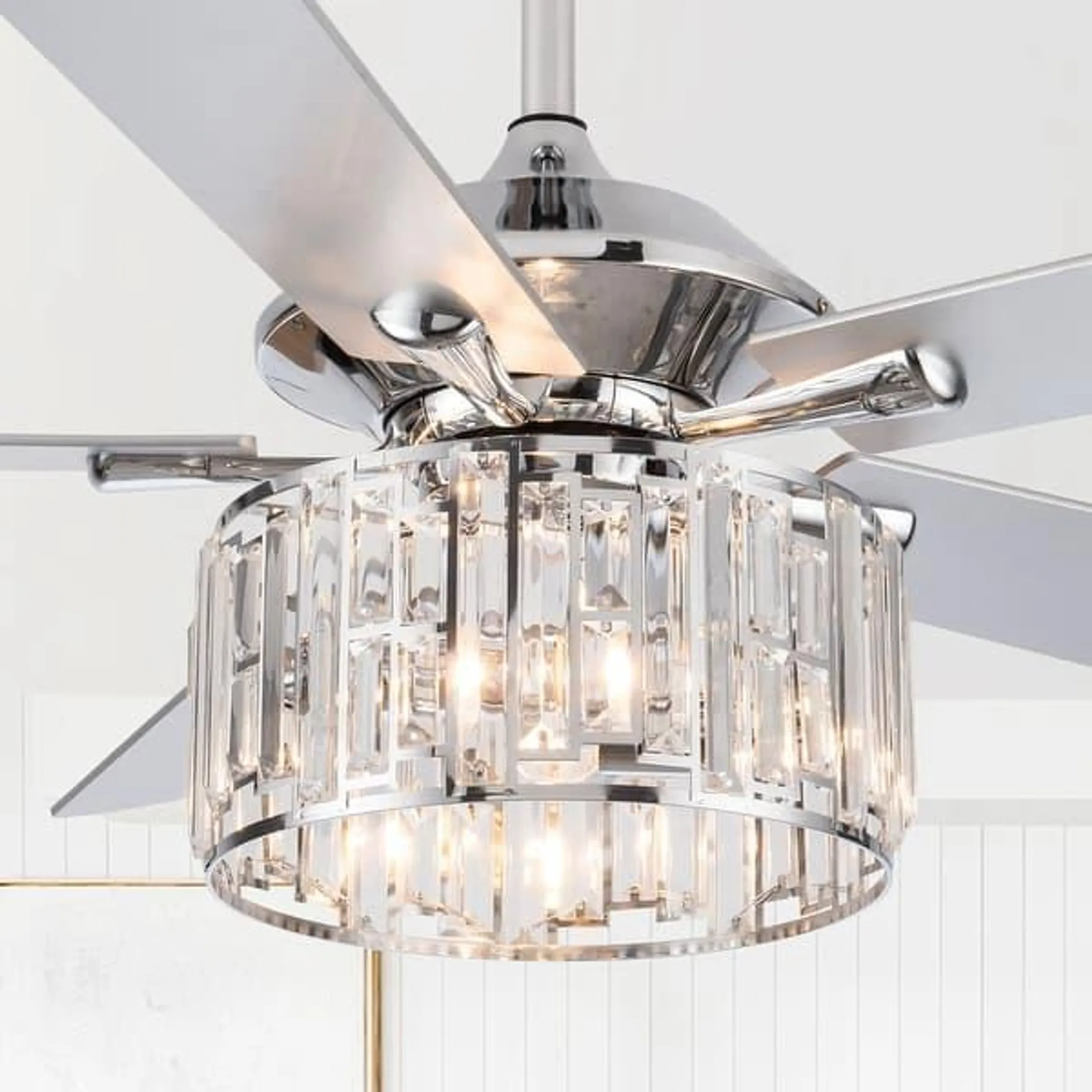 52" Chrome Modern Crystal Ceiling Fan Chandelier with Light Kit and Remote