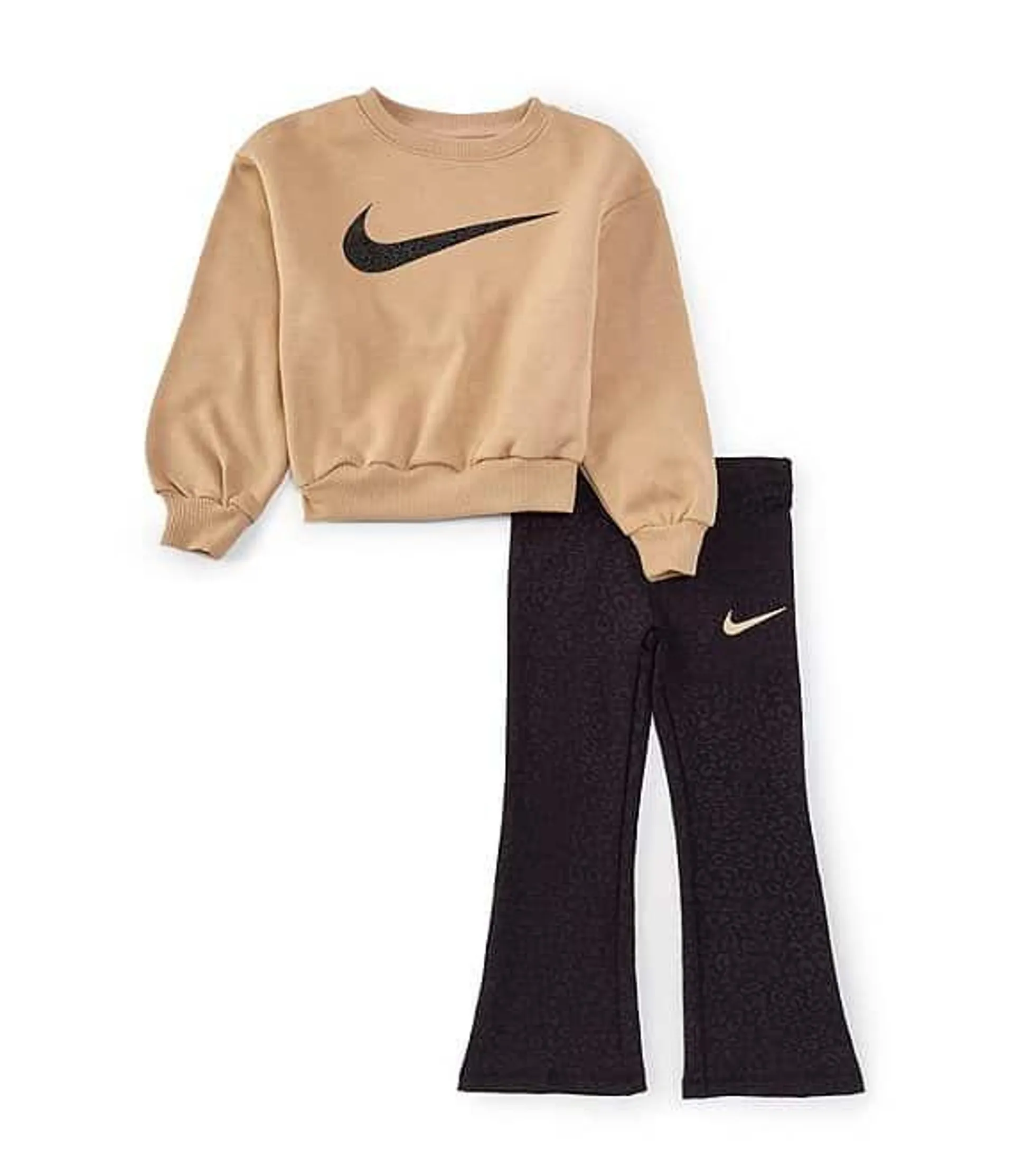 Little Girls 2T-6X Long-Sleeve Swoosh Fleece Sweatshirt & Animal-Printed Knit Leggings Set