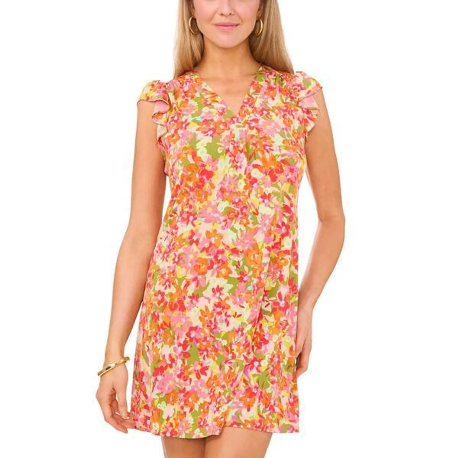 Petite MSK Cap Flutter Sleeve V-Neck Floral Shift Dress