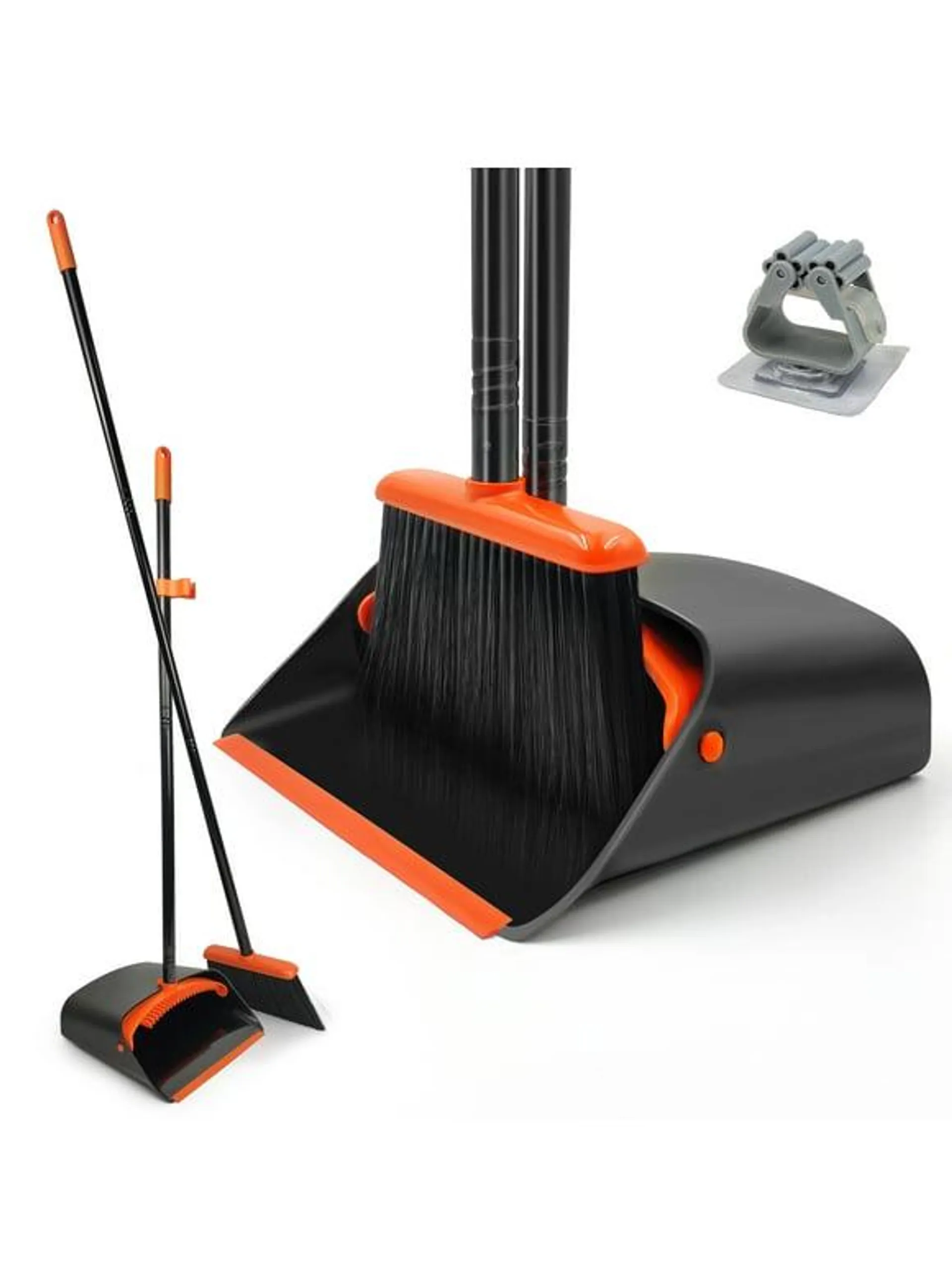 JEHONN Broom and Dustpan Set for Home, Long Handle Lightweight Broom Set with Comb Teeth (Orange Black)