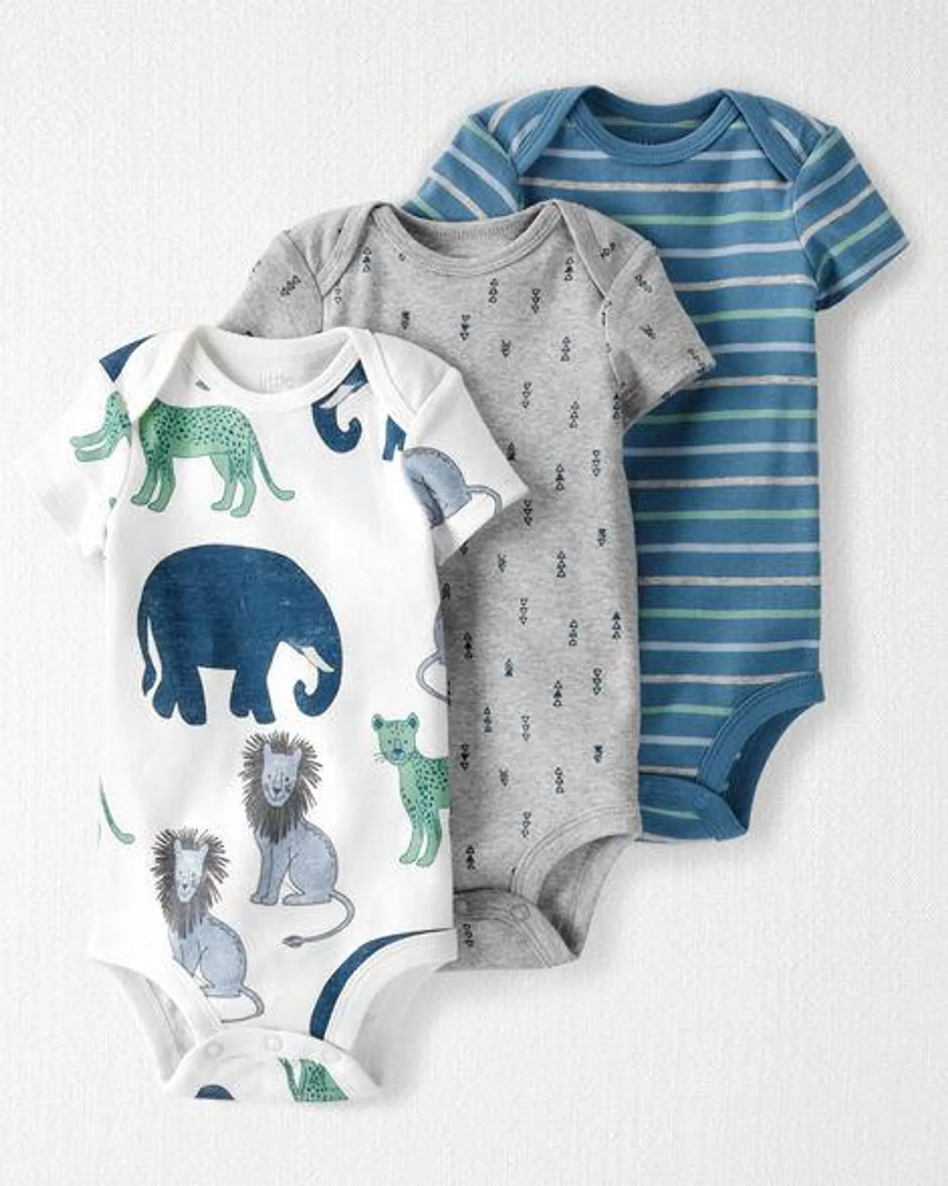 Baby 3-Pack Organic Cotton Rib Bodysuits in Wildlife Print, Geo & Stripes