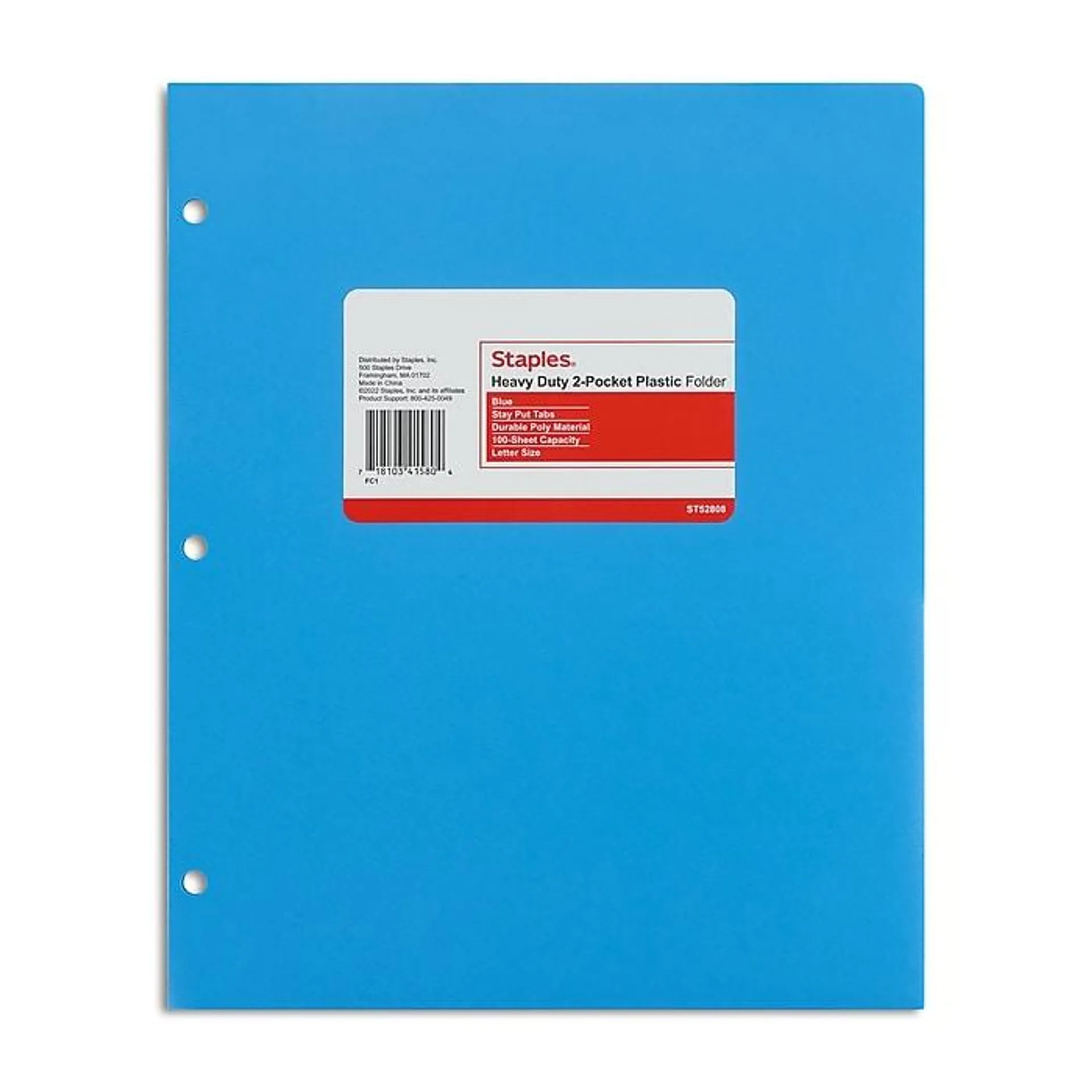 Staples 3-Hole Punched 2-Pocket Plastic Portfolio Folder,